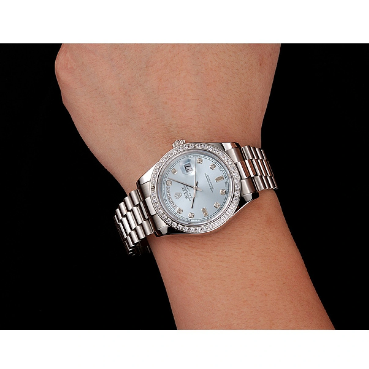 RepTime Watches 0211 Swiss Rolex Day-Date Ice Blue Dial Diamond Case Diamond Numerals Stainless Steel Bracelet 1453963