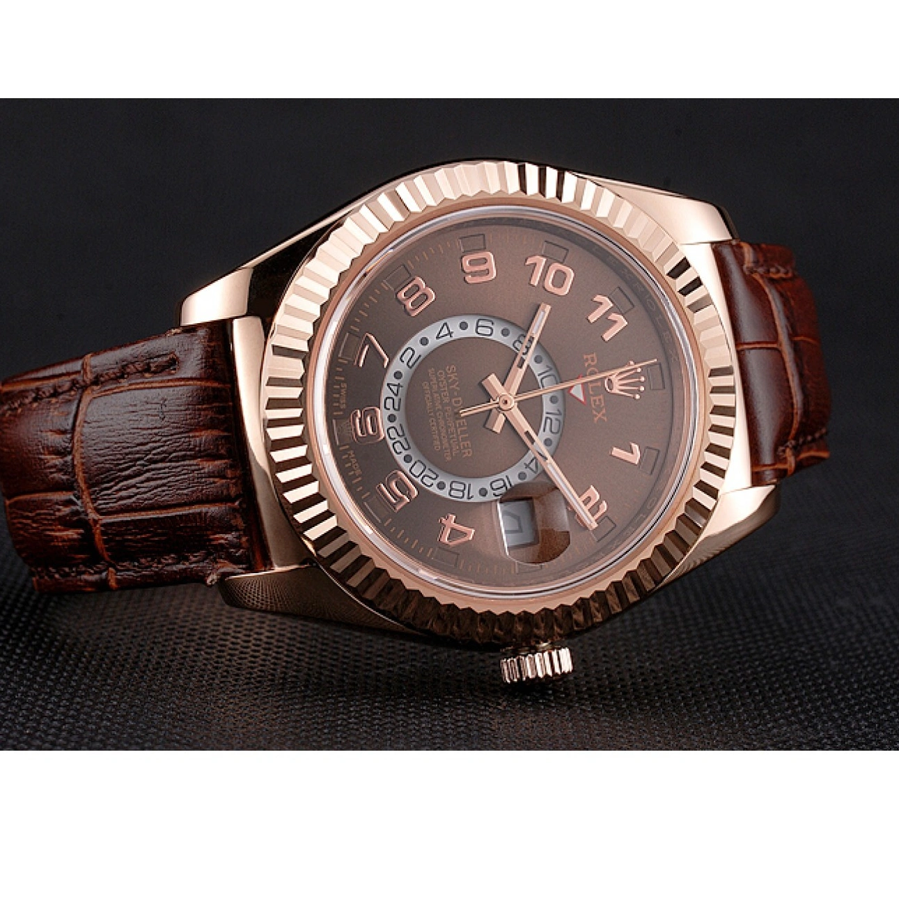 RepTime Watches 0218 Rolex Sky Dweller Brown Dial Rose Gold Case Brown Leather Strap