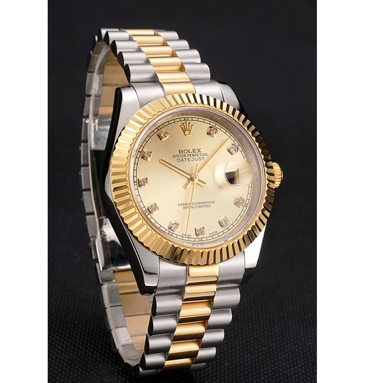 RepTime Watches 0225 Swiss Rolex Datejust Gold Dial And Bezel Stainless Steel Case Two Tone Bracelet