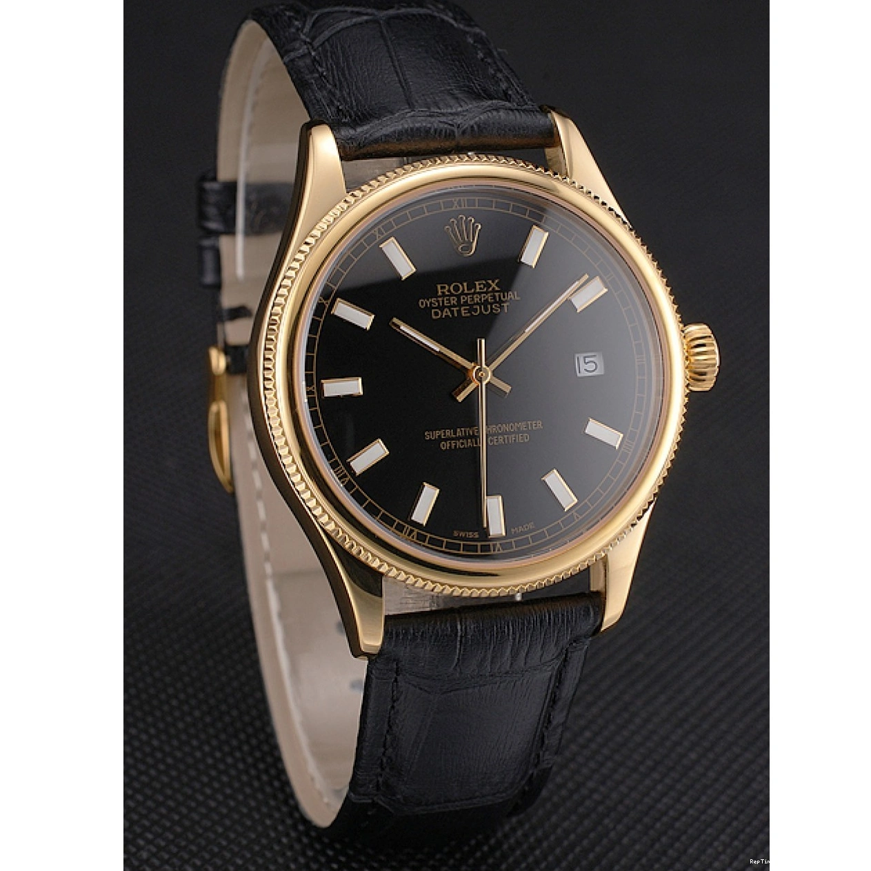 RepTime Watches 0215 Swiss Rolex Datejust Black Dial Gold Case Black Leather Strap