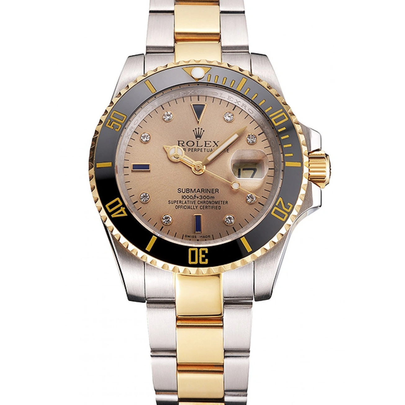 RepTime Watches 0215 Swiss Rolex Submariner Gold Dial Diamond Markings Black Bezel Two Tone Steel Gold Bracelet