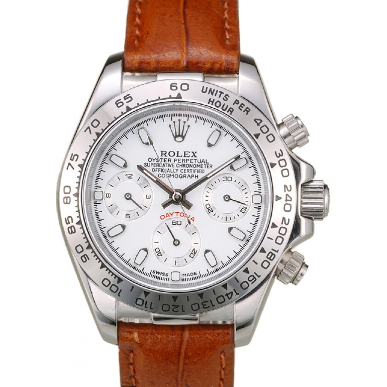 RepTime Watches 0222 Rolex Daytona Lady Stainless Steel Case White Dial Brown Leather Strap Tachymeter