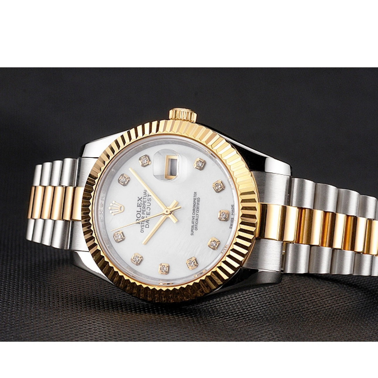 RepTime Watches 0216 Swiss Rolex Datejust White Dial Diamond Hour Marks Gold Bezel Stainless Steel Case Two Tone Bracelet