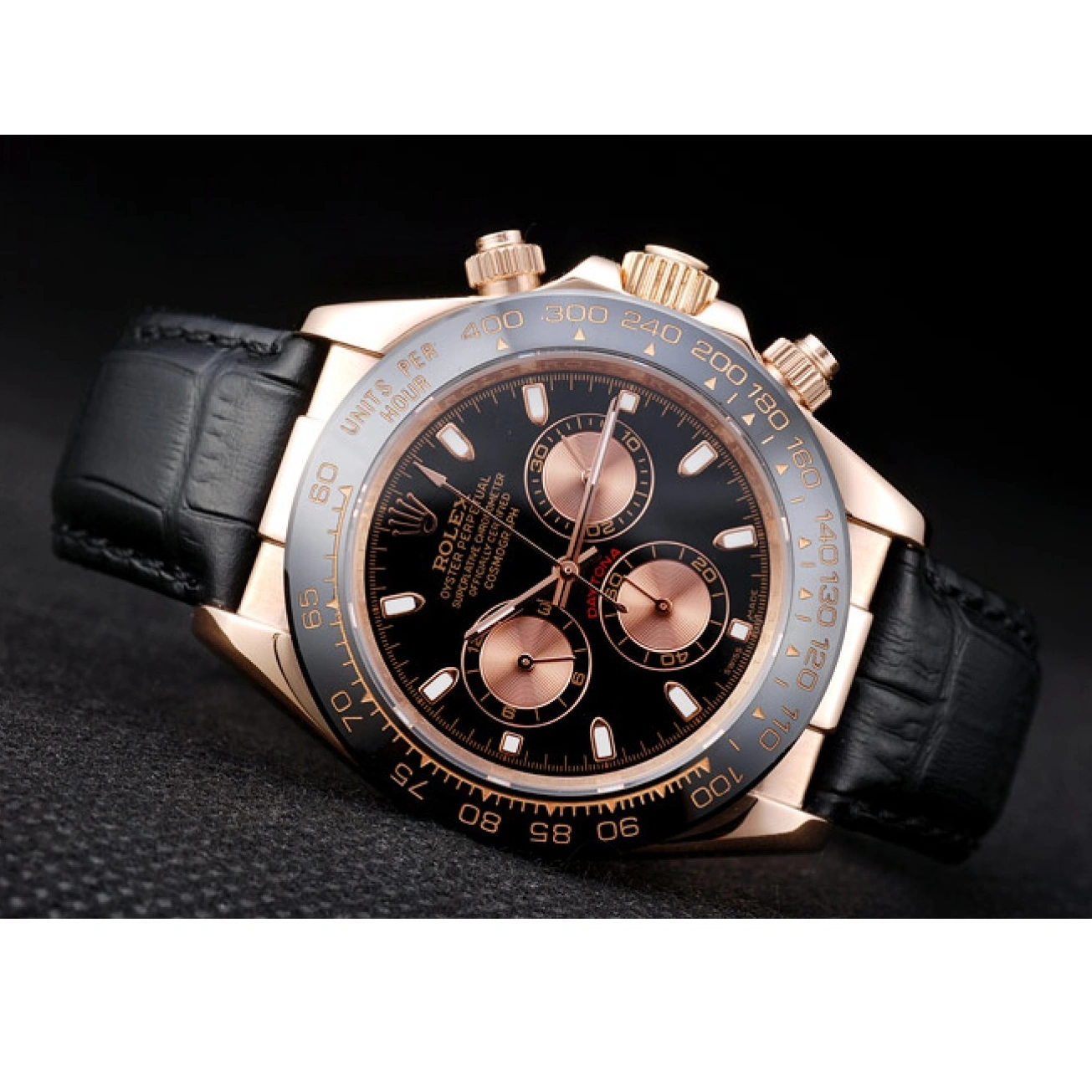 RepTime Watches 0219 Rolex Daytona Rose Gold Case Black Dial Black Leather Strap