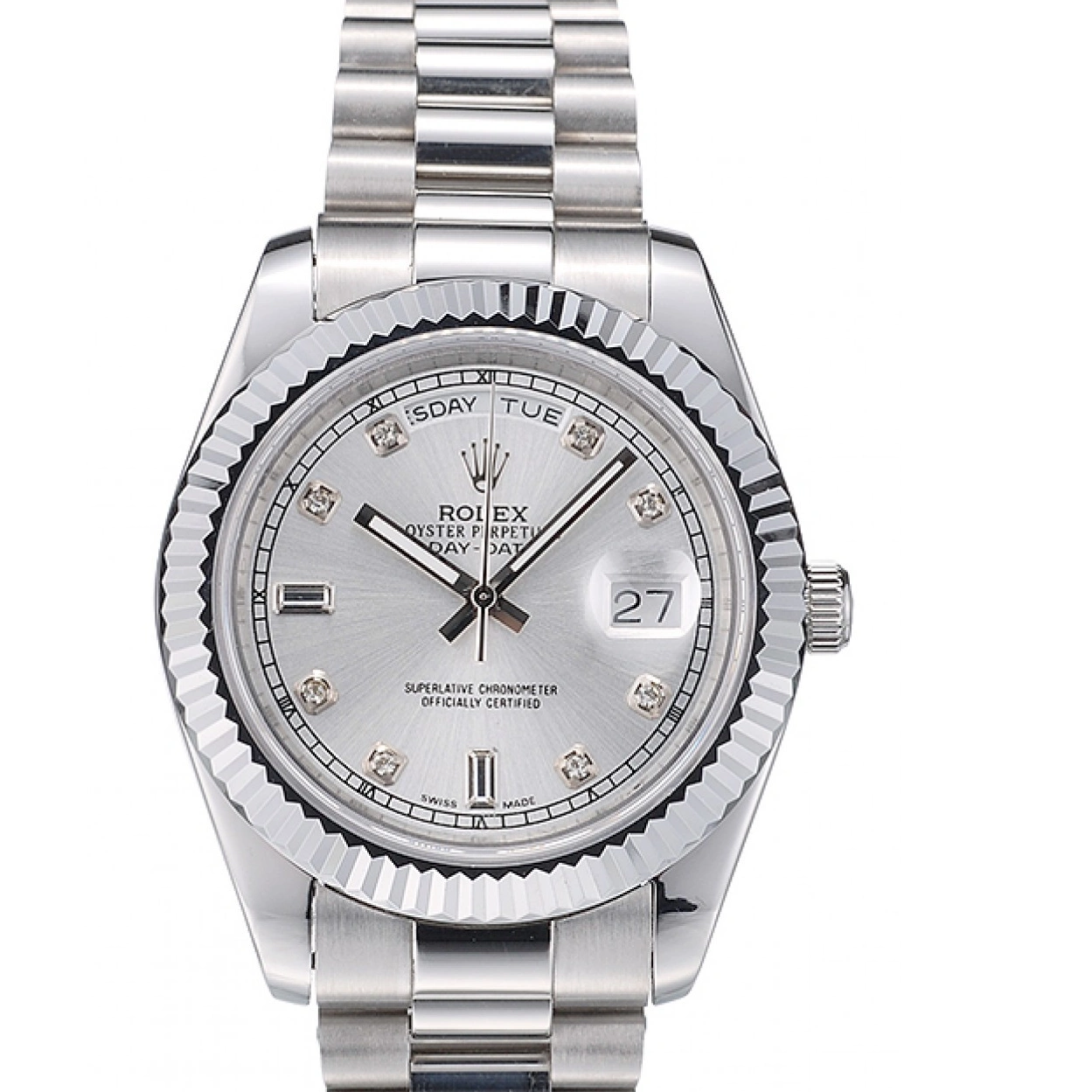 RepTime Watches 0215 Rolex Swiss DayDate Stainless Steel Ribbed Bezel Silver Dial 41995