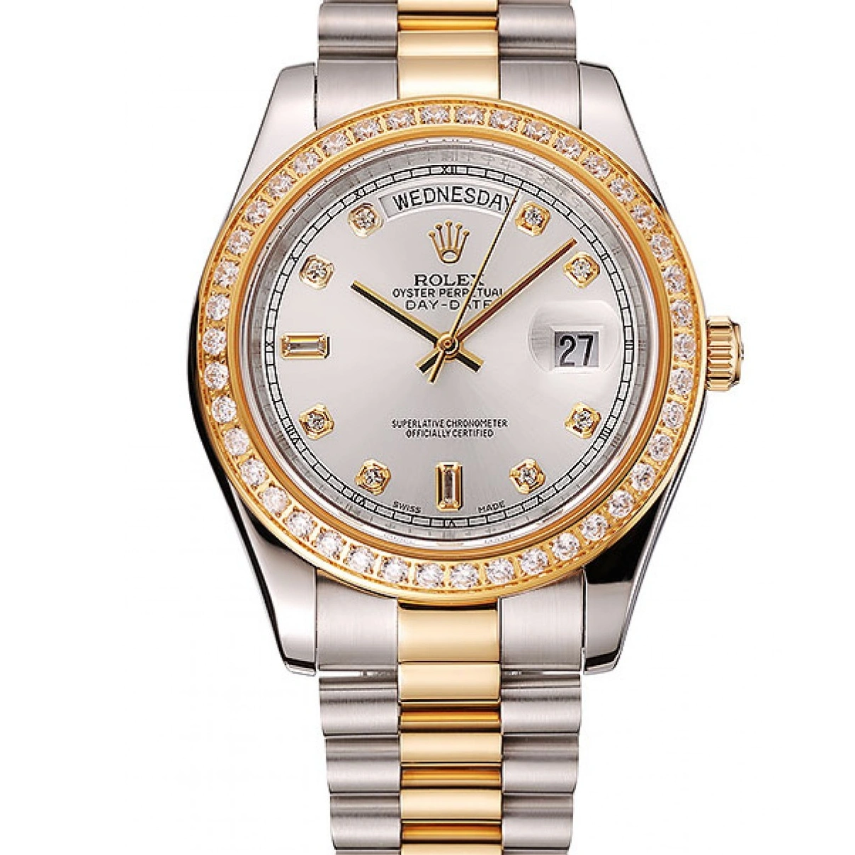 RepTime Watches 0224 Swiss Rolex Day-Date White Dial Gold Diamond Case Two Tone Stainless Steel Bracelet 1453972