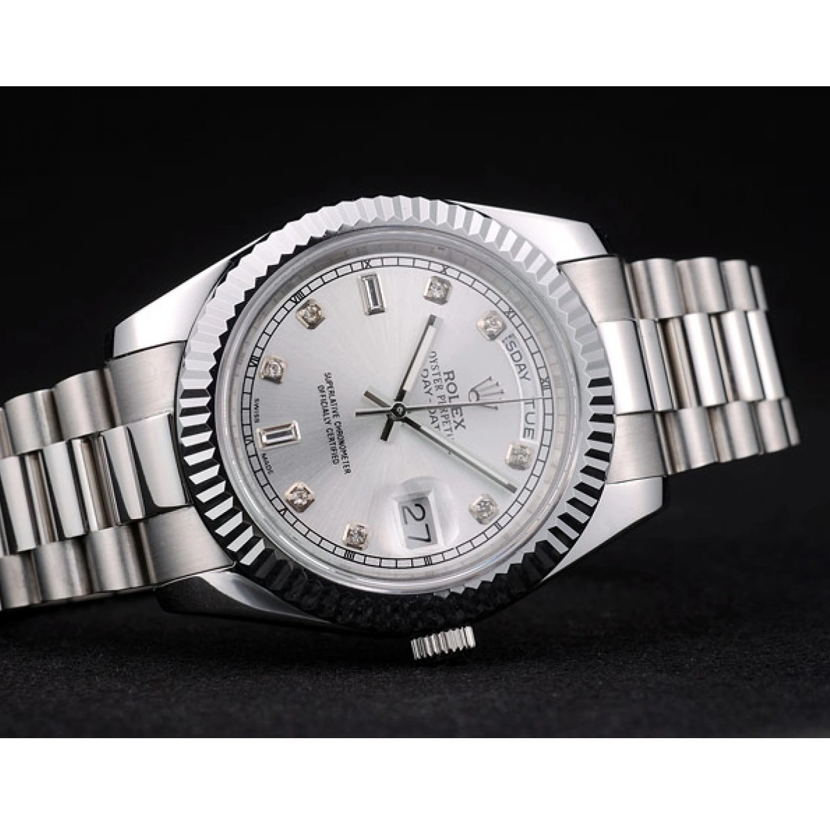 RepTime Watches 0220 Rolex Swiss DayDate Stainless Steel Ribbed Bezel Silver Dial 41995