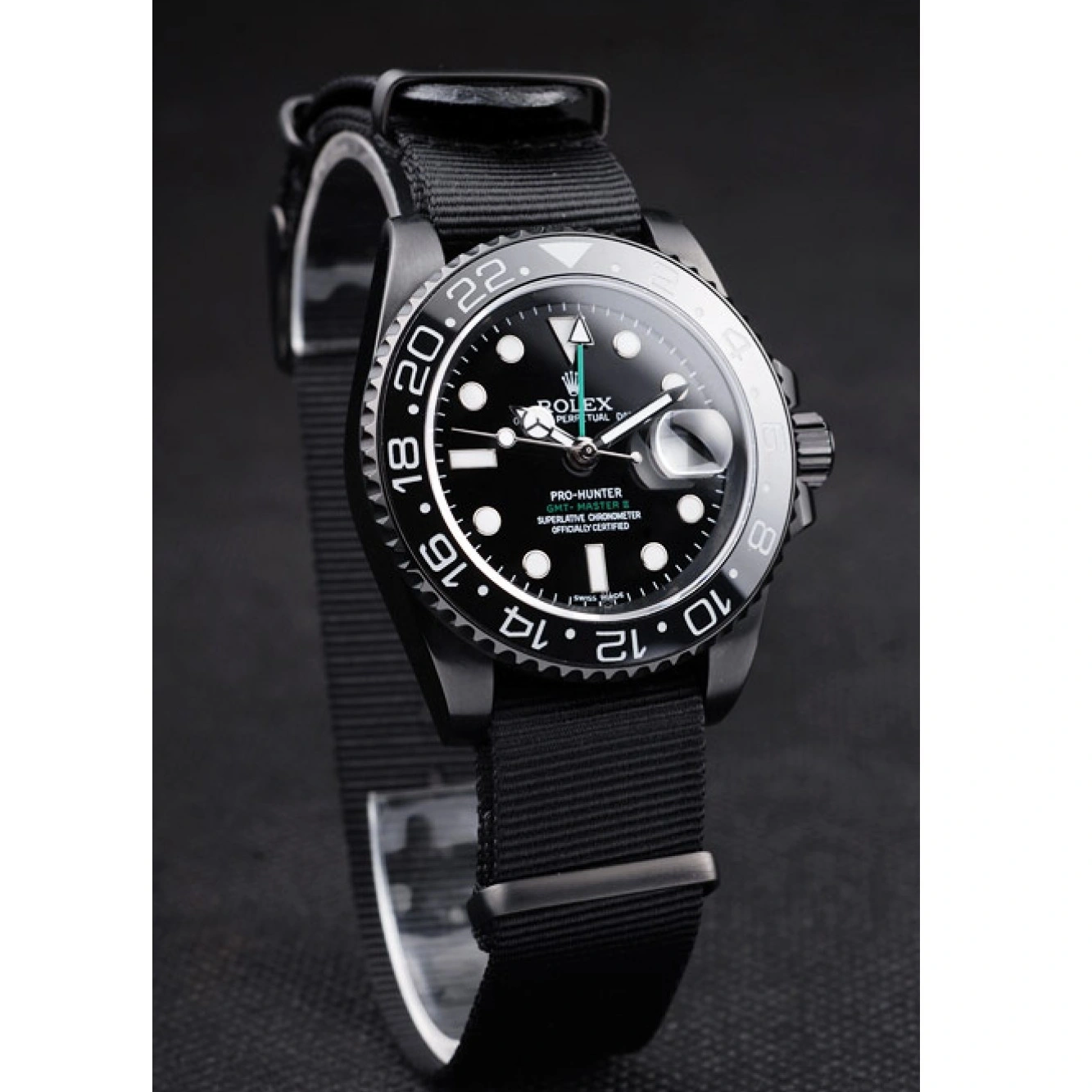 RepTime Watches 0209 Rolex Swiss GMT Master II Pro-Hunter Black Fabric Strap Black Dial