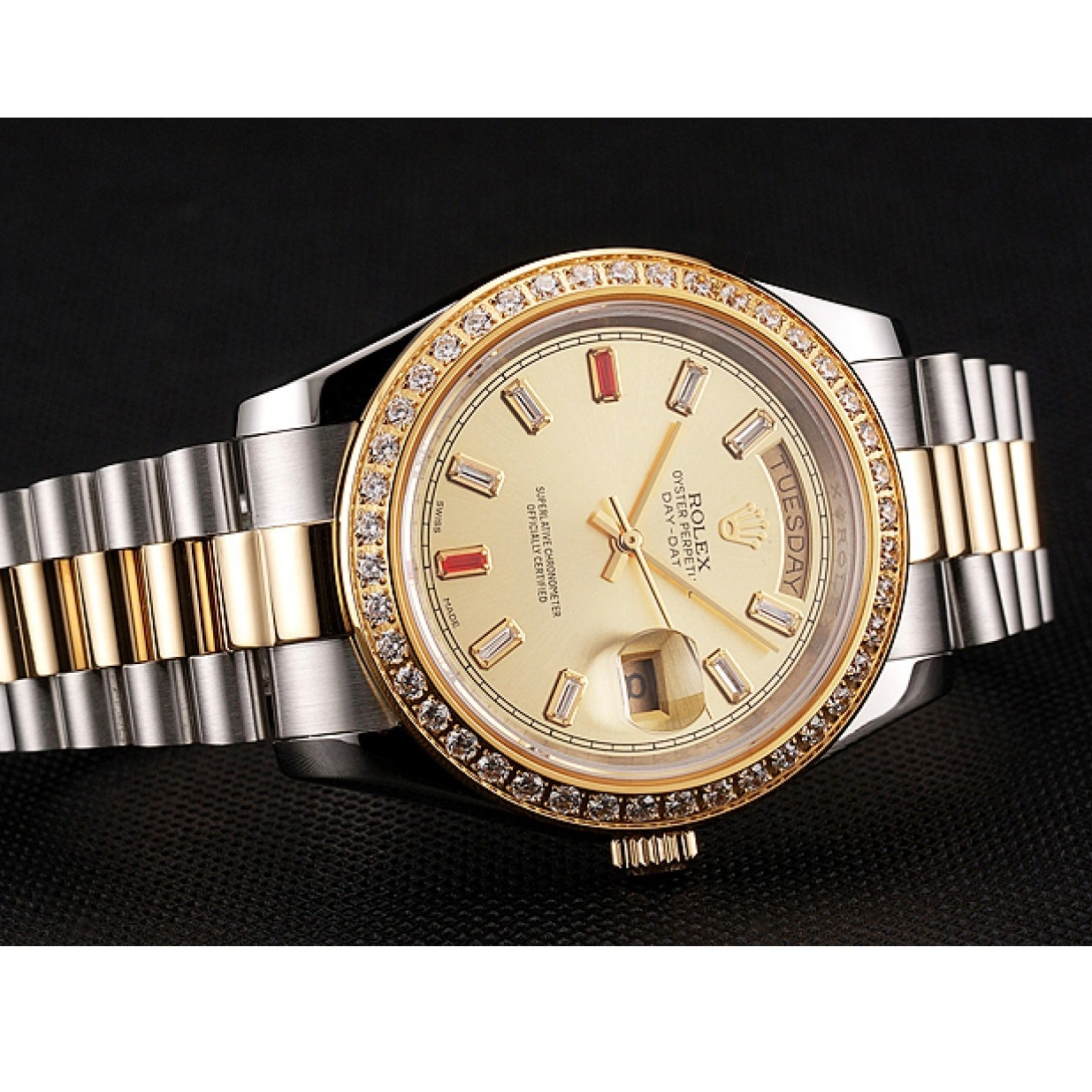 RepTime Watches 0224 Swiss Rolex Day-Date Diamonds And Rubies Champagne Dial Two Tone Bracelet 1454104