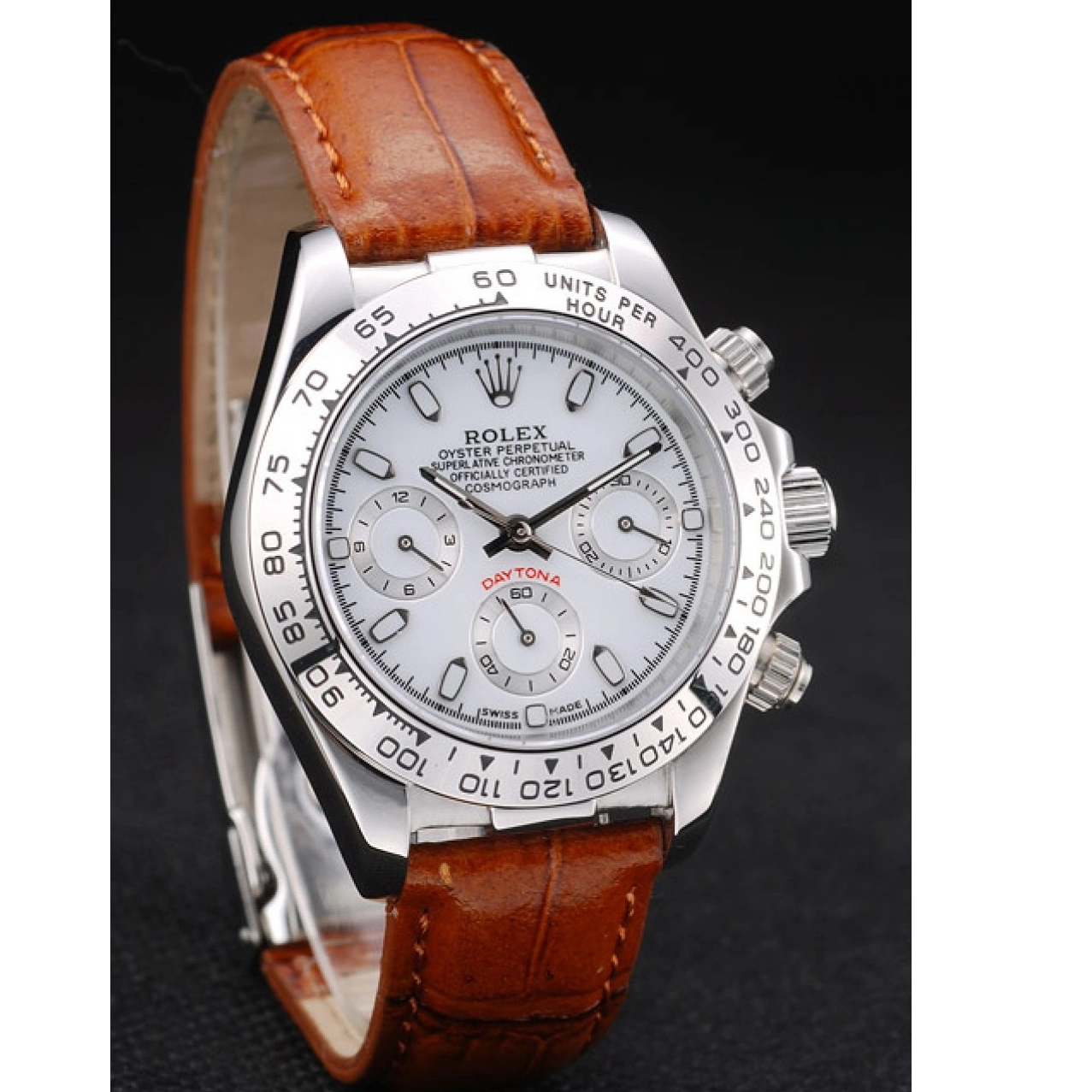 RepTime Watches 0222 Rolex Daytona Lady Stainless Steel Case White Dial Brown Leather Strap Tachymeter