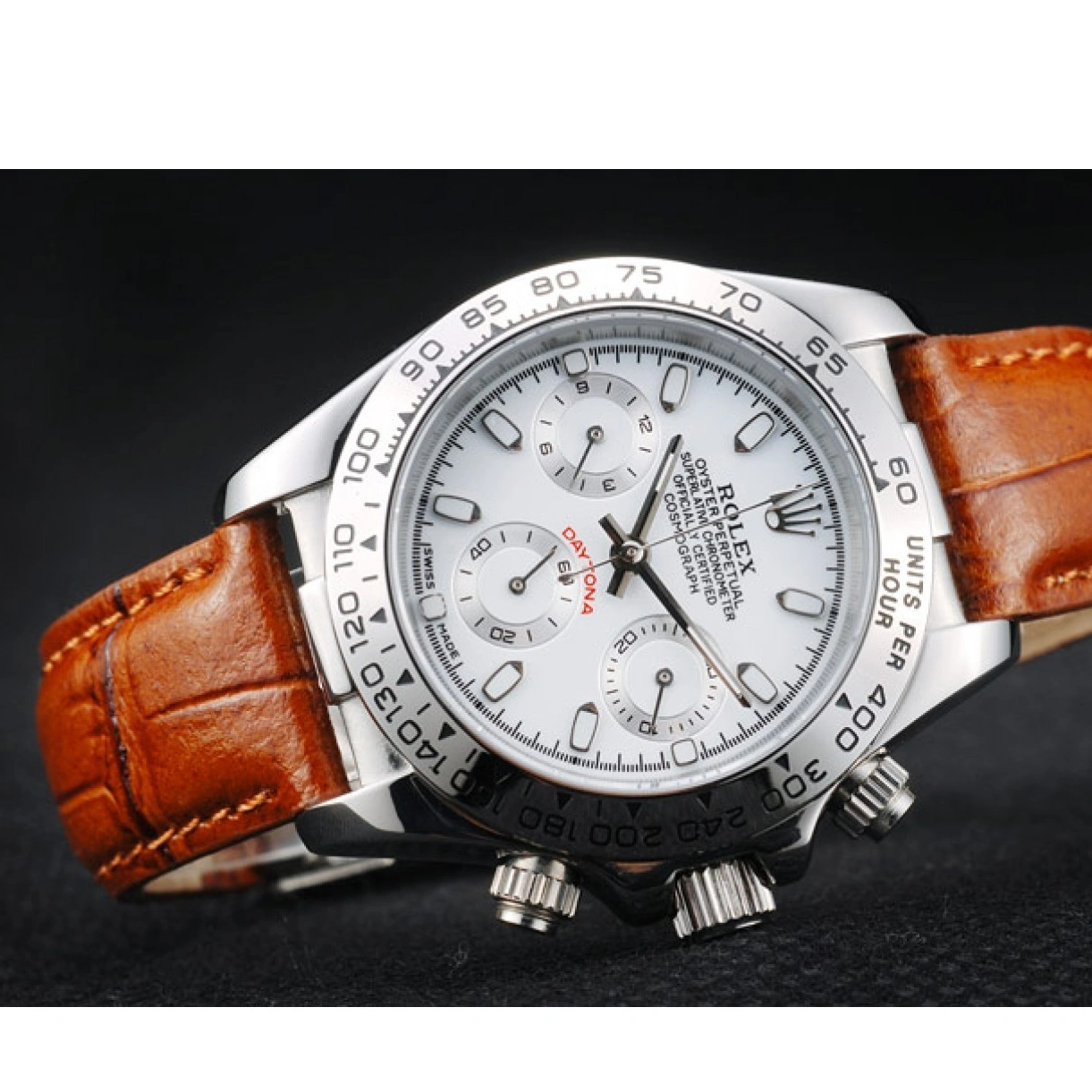 RepTime Watches 0222 Rolex Daytona Lady Stainless Steel Case White Dial Brown Leather Strap Tachymeter