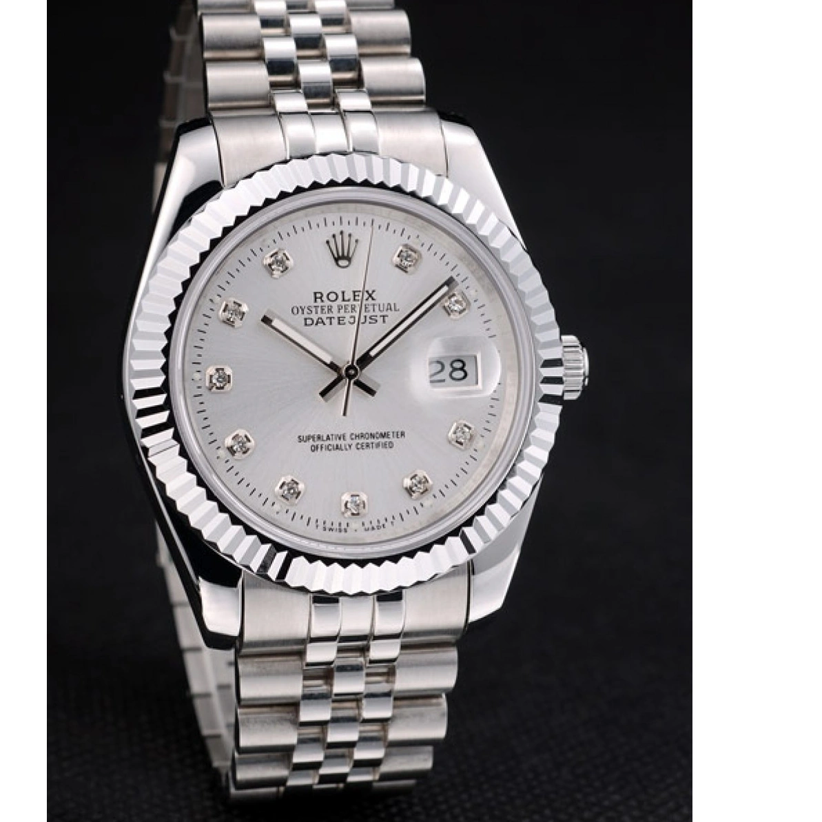 RepTime Watches 0211 Rolex Swiss DateJust Stainless Steel Ribbed Bezel Silver Dial 41996