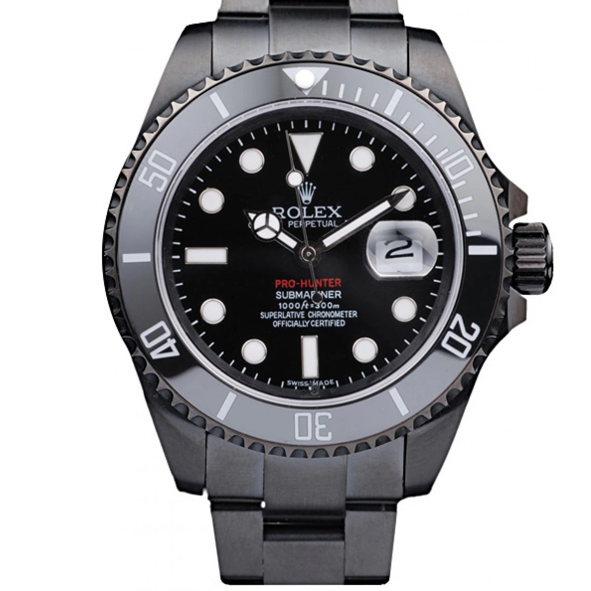 RepTime Watches 0211 Rolex Swiss Submariner Pro-Hunter Black Steel Strap Black Dial