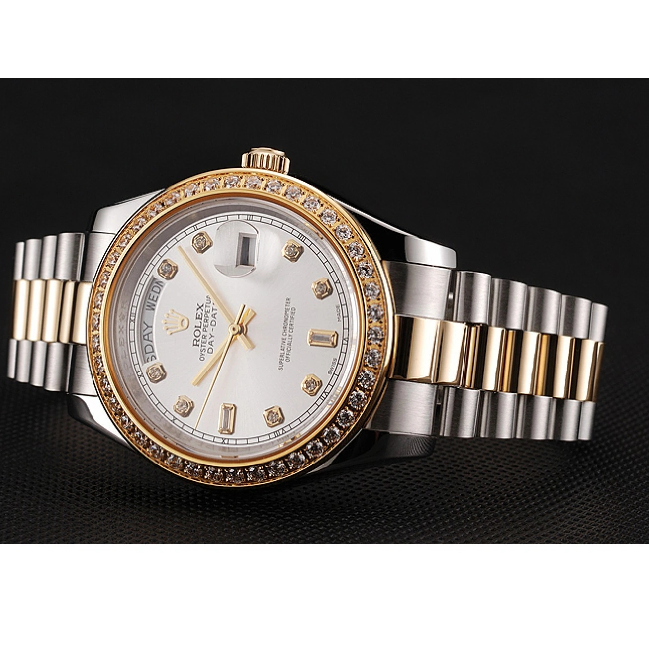 RepTime Watches 0224 Swiss Rolex Day-Date White Dial Gold Diamond Case Two Tone Stainless Steel Bracelet 1453972