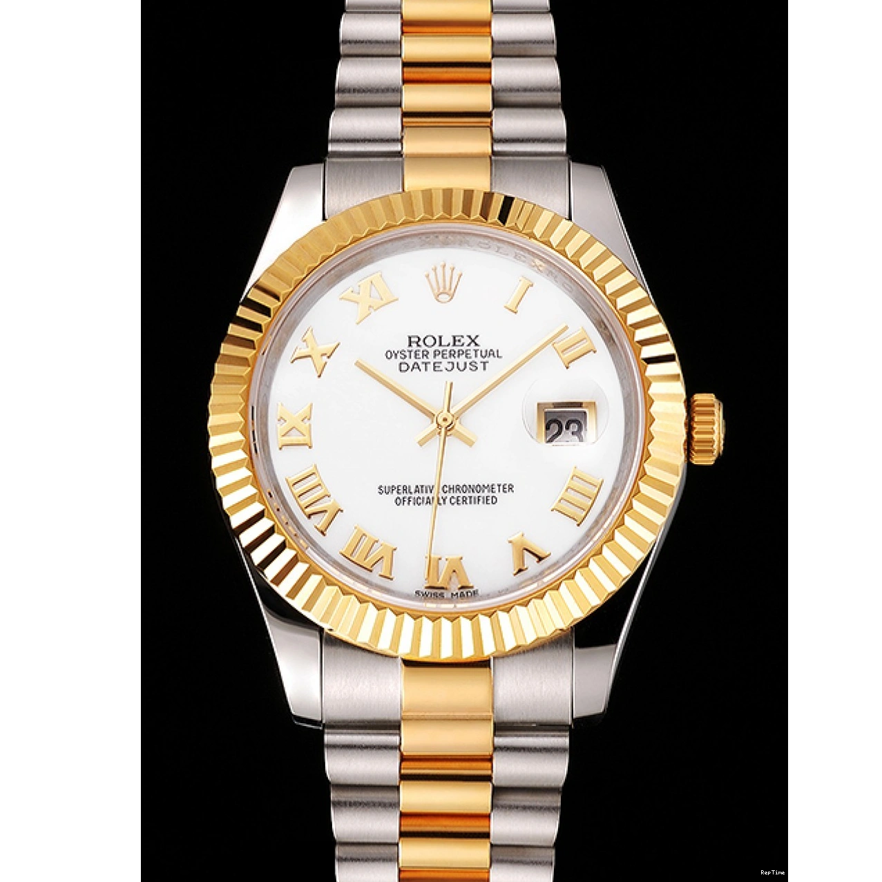 RepTime Watches 0219 Swiss Rolex Datejust White Dial Roman Numerals Gold Bezel Stainless Steel Case Two Tone Bracelet