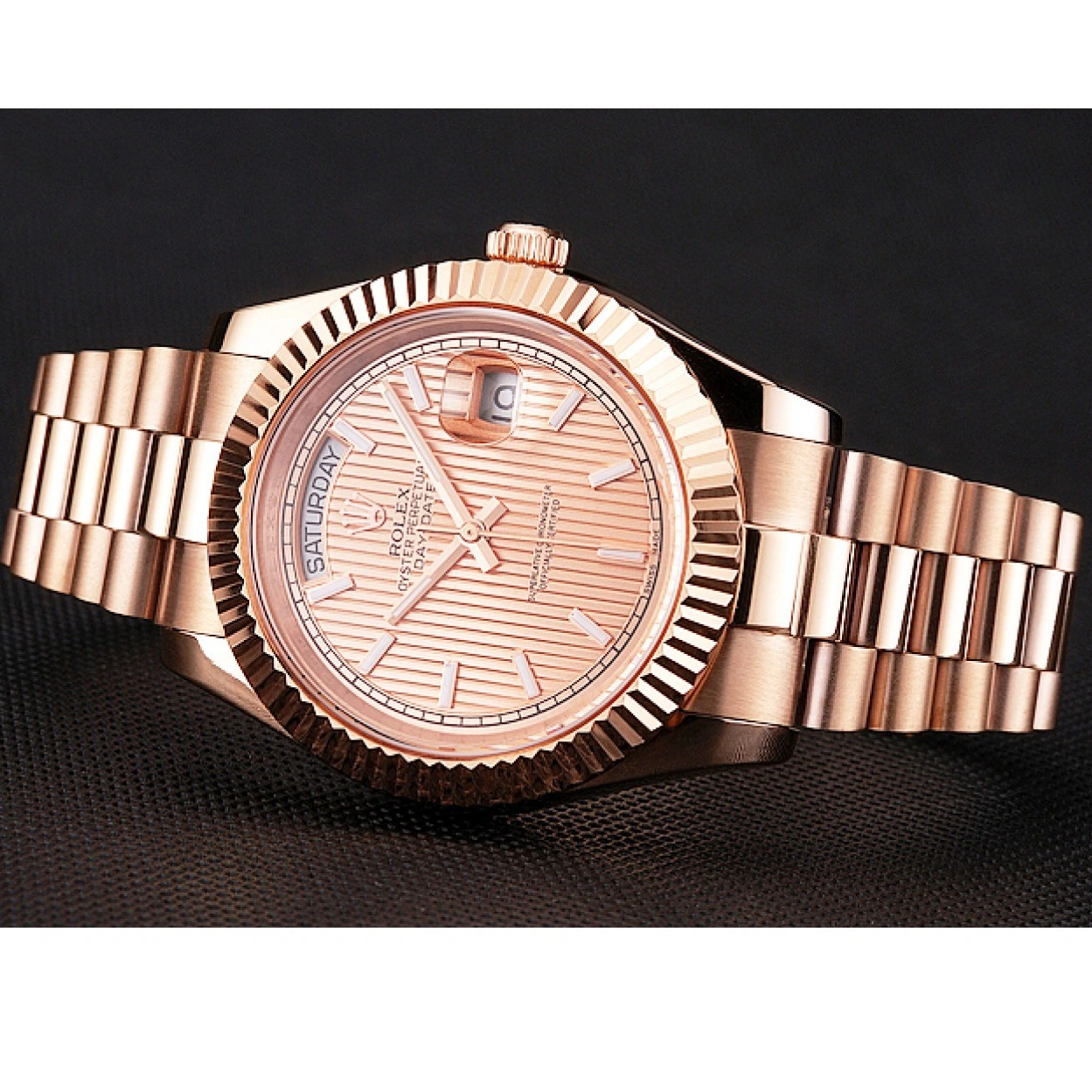 RepTime Watches 0213 Swiss Rolex Day Date 40 Rose Gold Etched Dial Rose Gold Case And Bracelet