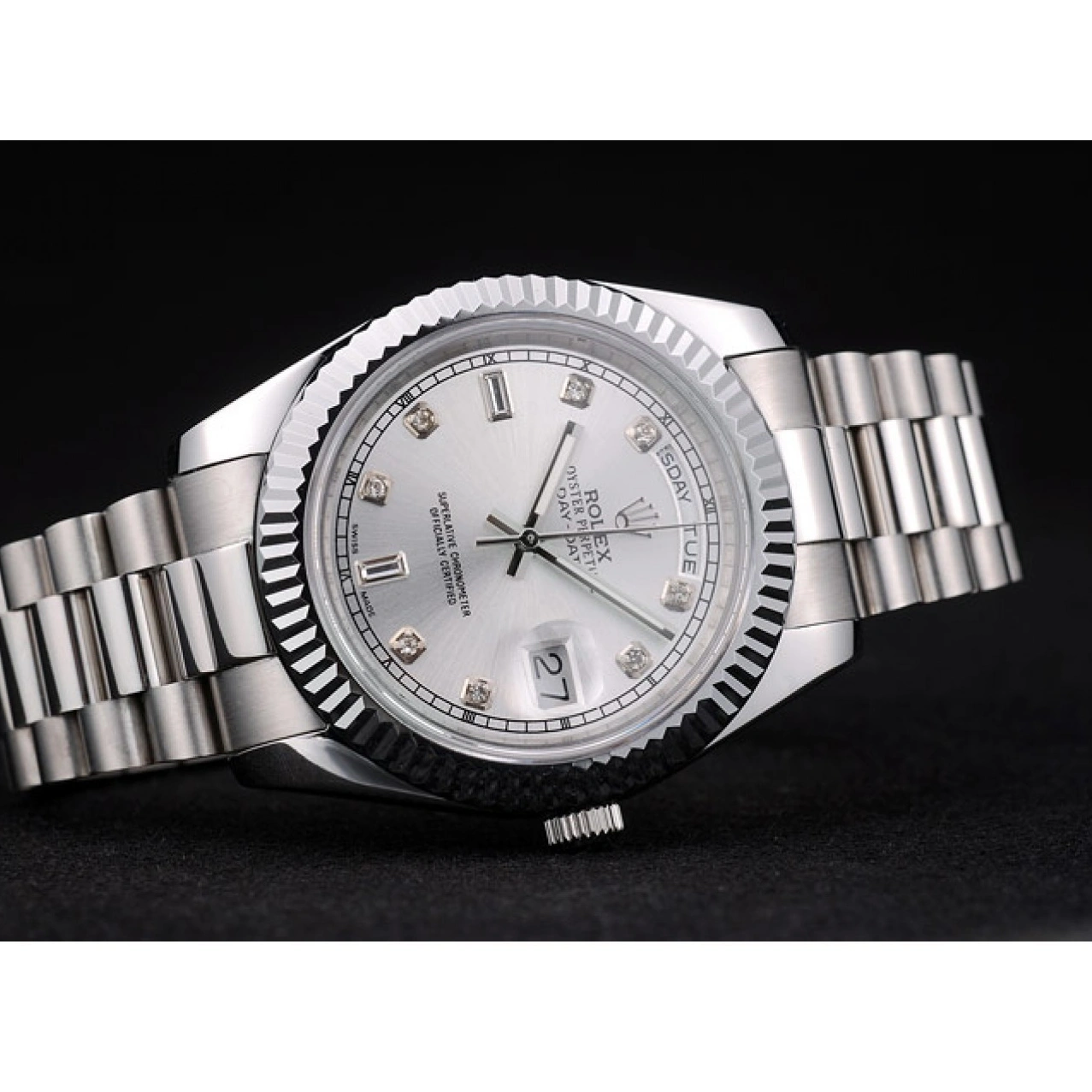 RepTime Watches 0222 Rolex DayDate Stainless Steel Ribbed Bezel Silver Dial 41976