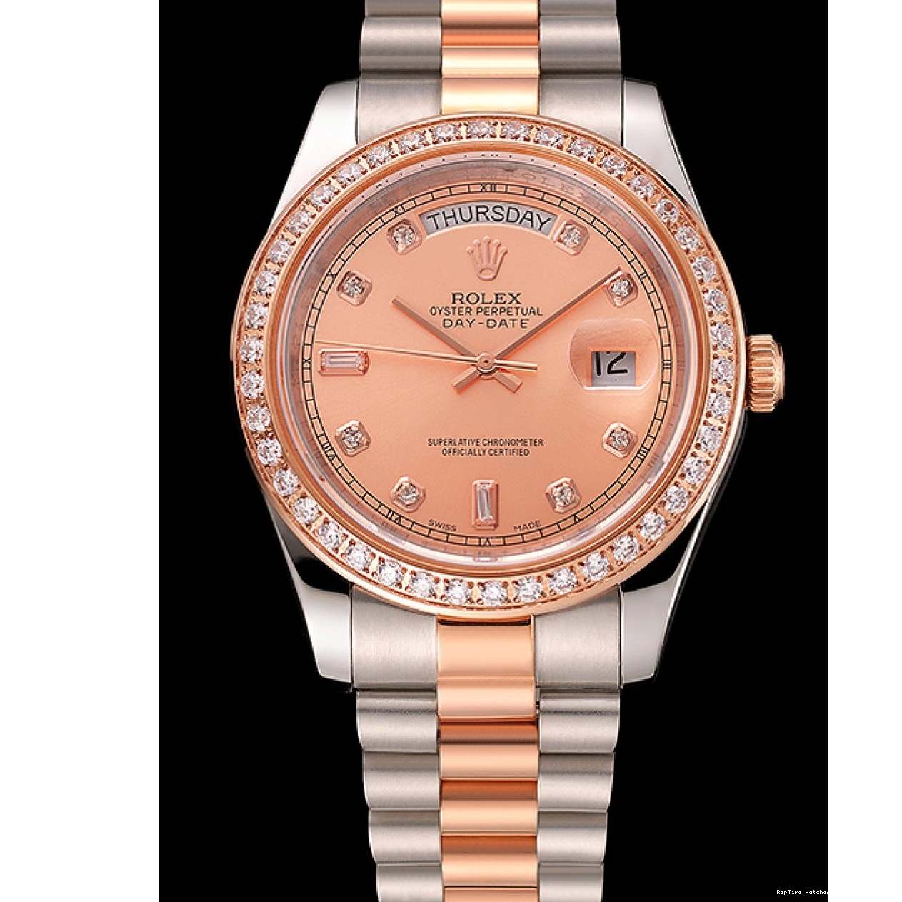 RepTime Watches 0212 Swiss Rolex Day-Date Diamonds Bezel Rose Gold And Staineless Steel Bracelet 1454107