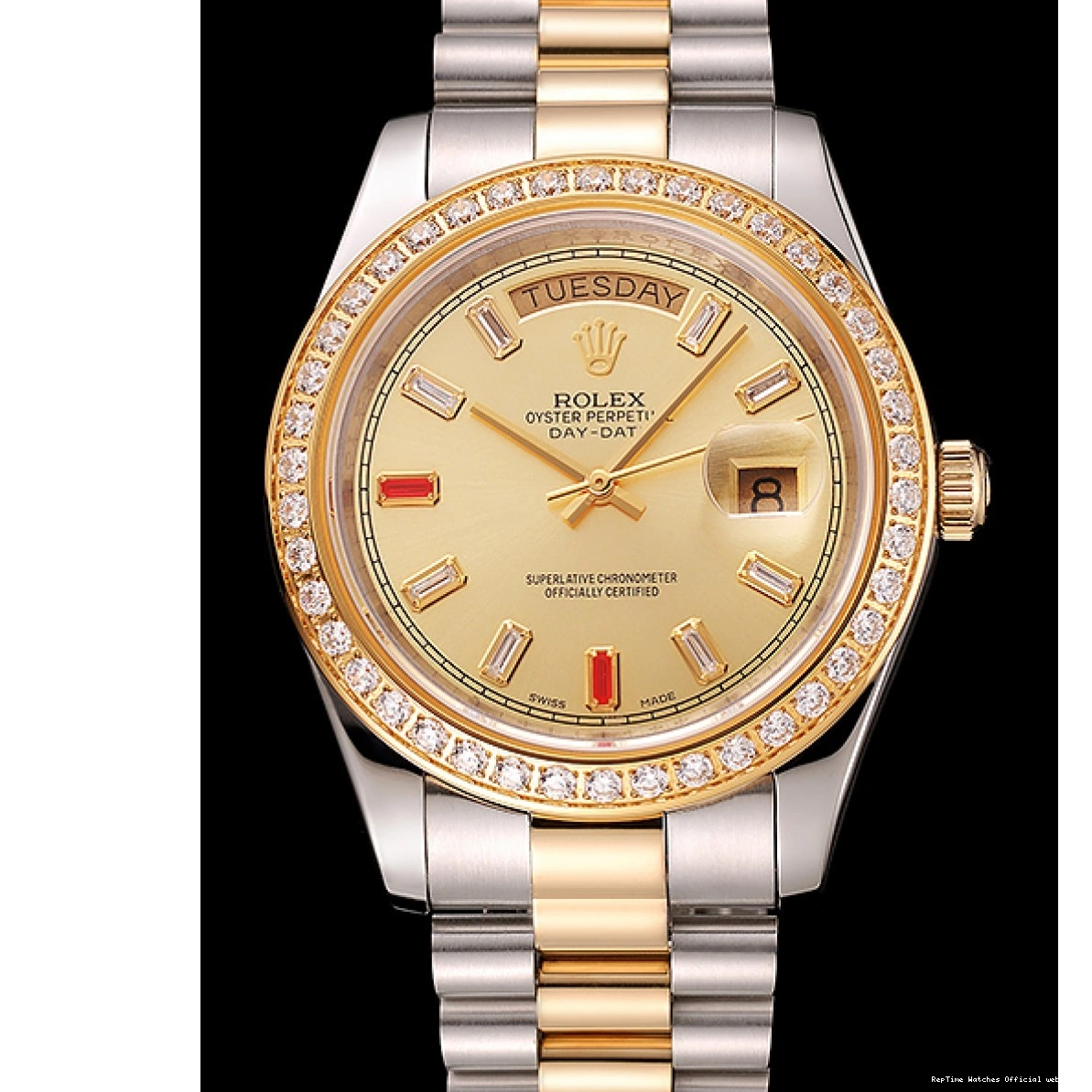 RepTime Watches 0224 Swiss Rolex Day-Date Diamonds And Rubies Champagne Dial Two Tone Bracelet 1454104