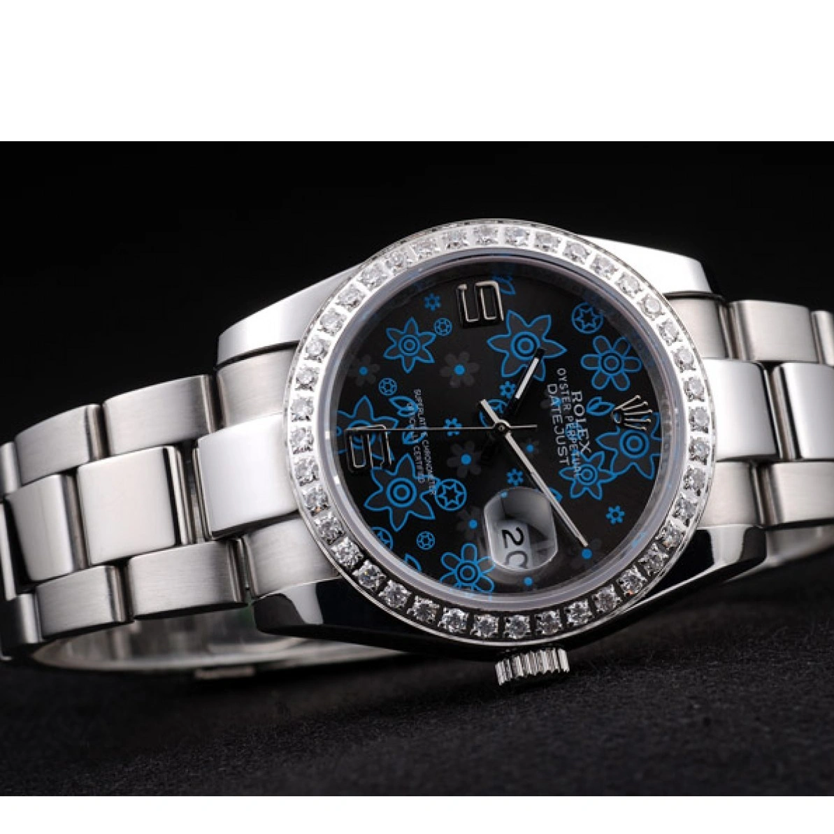 RepTime Watches 0227 Rolex Datejust Polished Stainless Steel Dark Blue Flowers Dial Diamond Plated