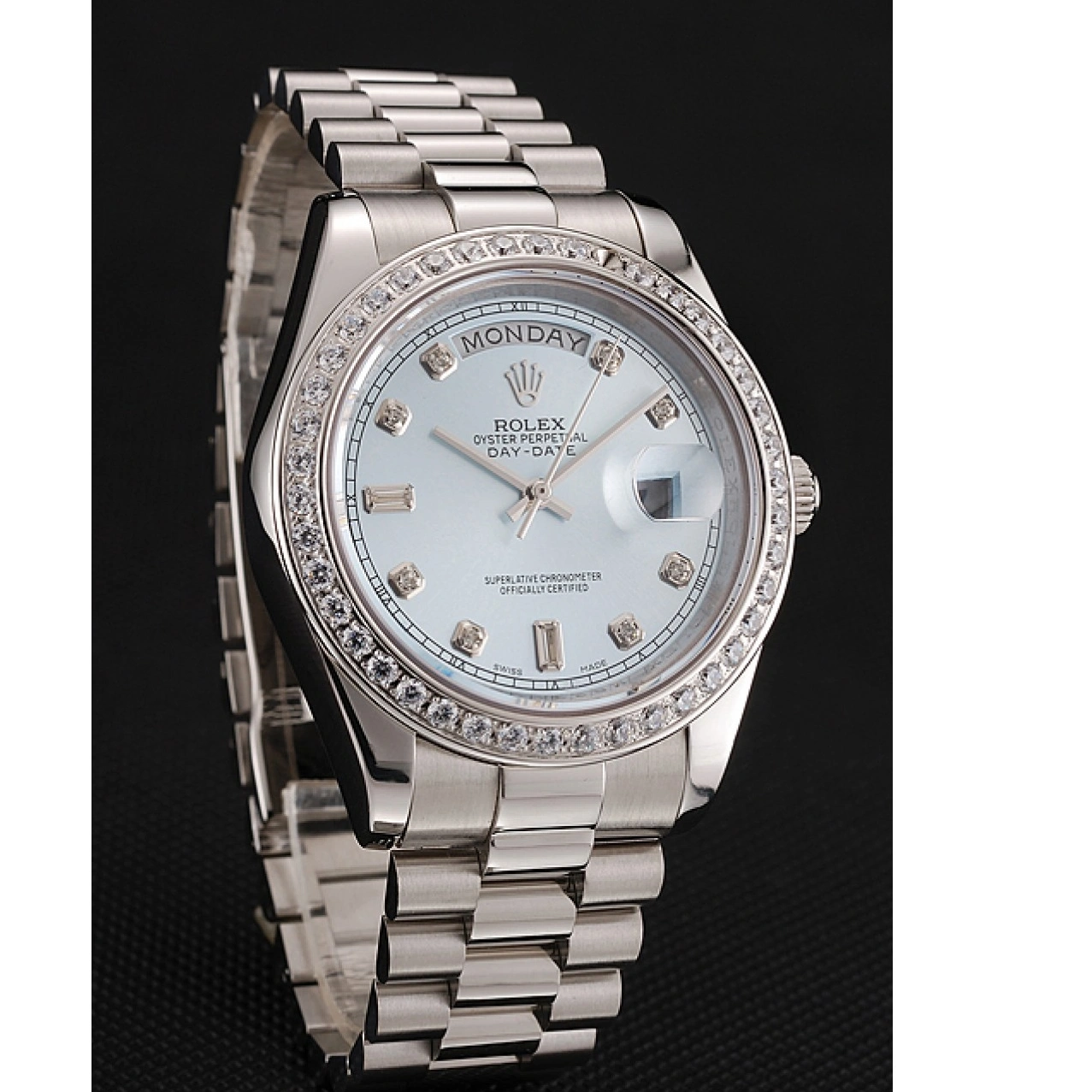 RepTime Watches 0211 Swiss Rolex Day-Date Ice Blue Dial Diamond Case Diamond Numerals Stainless Steel Bracelet 1453963