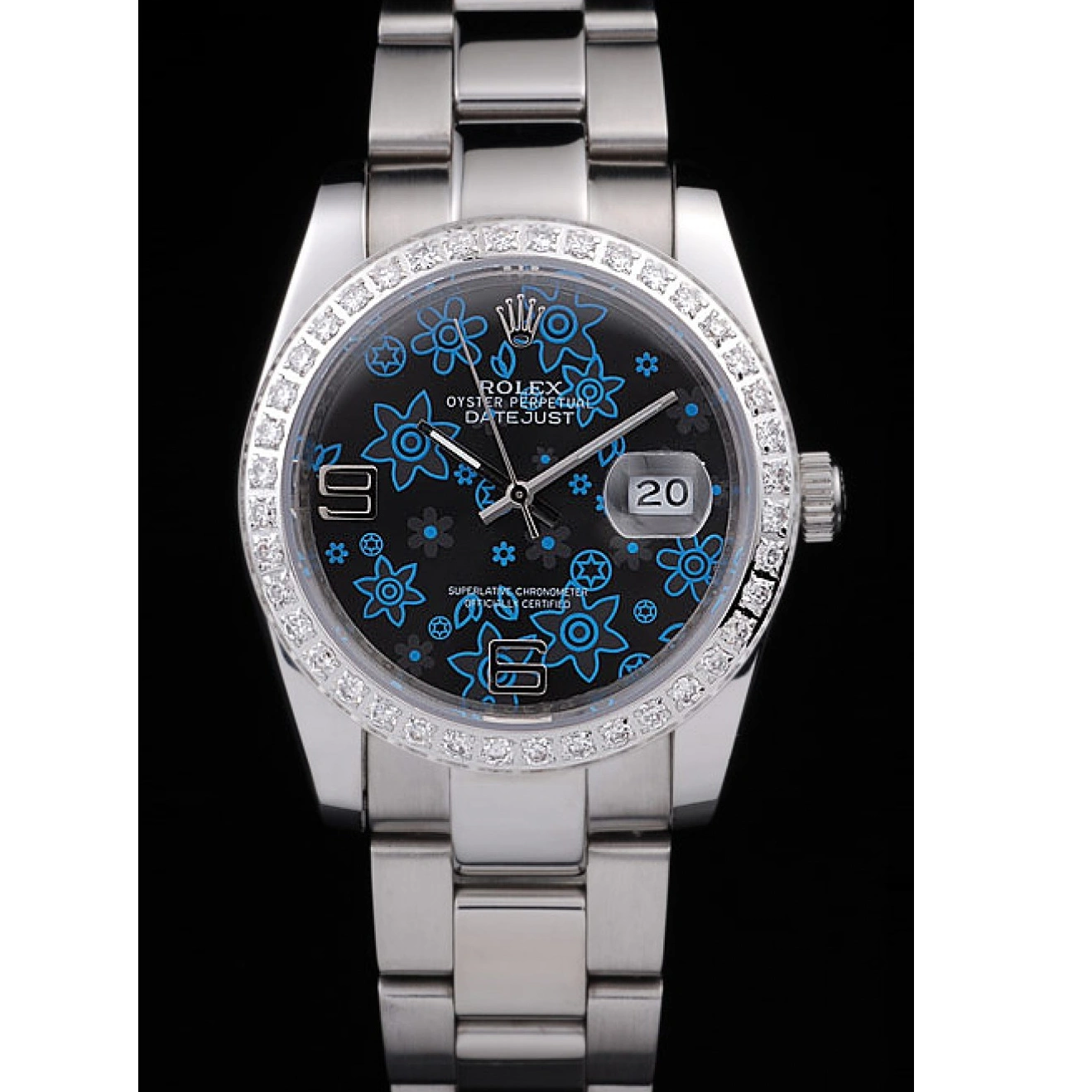 RepTime Watches 0227 Rolex Datejust Polished Stainless Steel Dark Blue Flowers Dial Diamond Plated