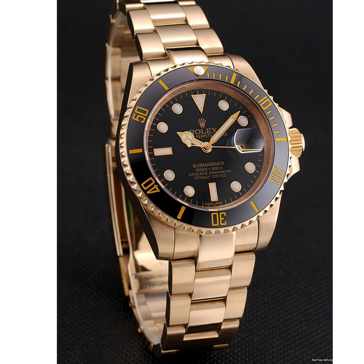 RepTime Watches 0228 Swiss Rolex Submariner Black Dial Black Bezel Yellow Gold Case And Bracelet