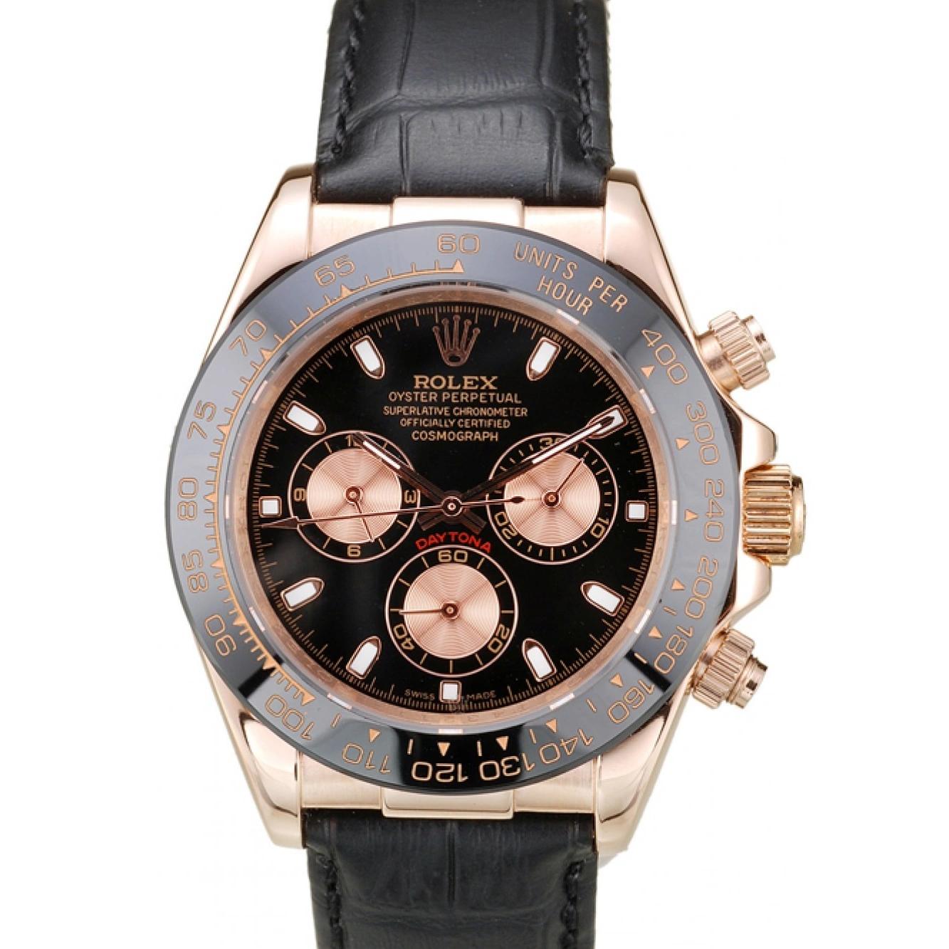 RepTime Watches 0219 Rolex Daytona Rose Gold Case Black Dial Black Leather Strap