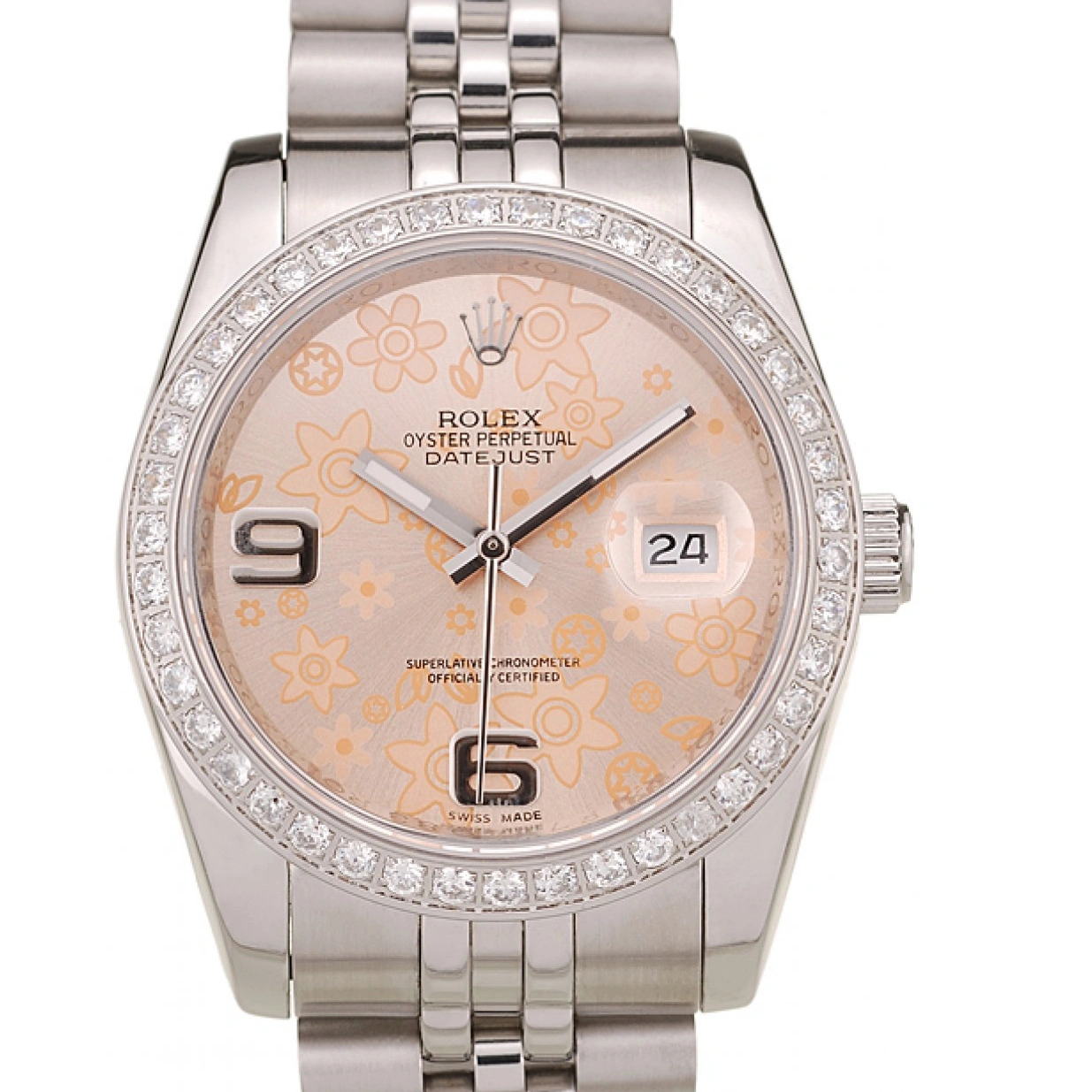 RepTime Watches 0208 Rolex DateJust Brushed Stainless Steel Case Orange Flowers Dial Diamonds Plated