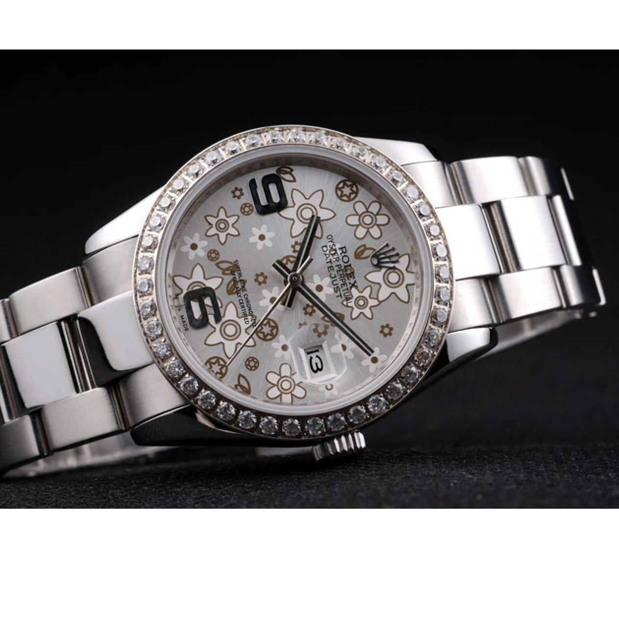 RepTime Watches 0227 Rolex Datejust Stainless Steel Silver Flowers Dial Diamond Plated rl305