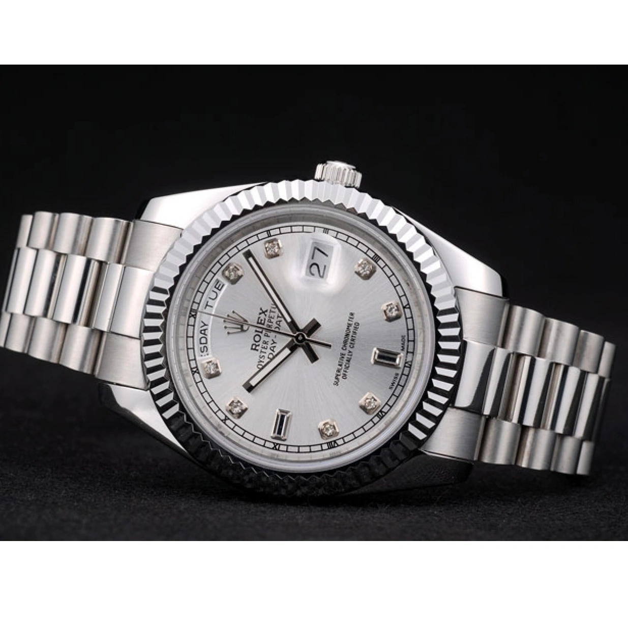 RepTime Watches 0222 Rolex DayDate Stainless Steel Ribbed Bezel Silver Dial 41976