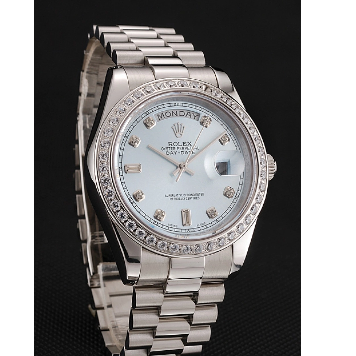 RepTime Watches 0211 Swiss Rolex Day-Date Ice Blue Dial Diamond Case Diamond Numerals Stainless Steel Bracelet 1453963