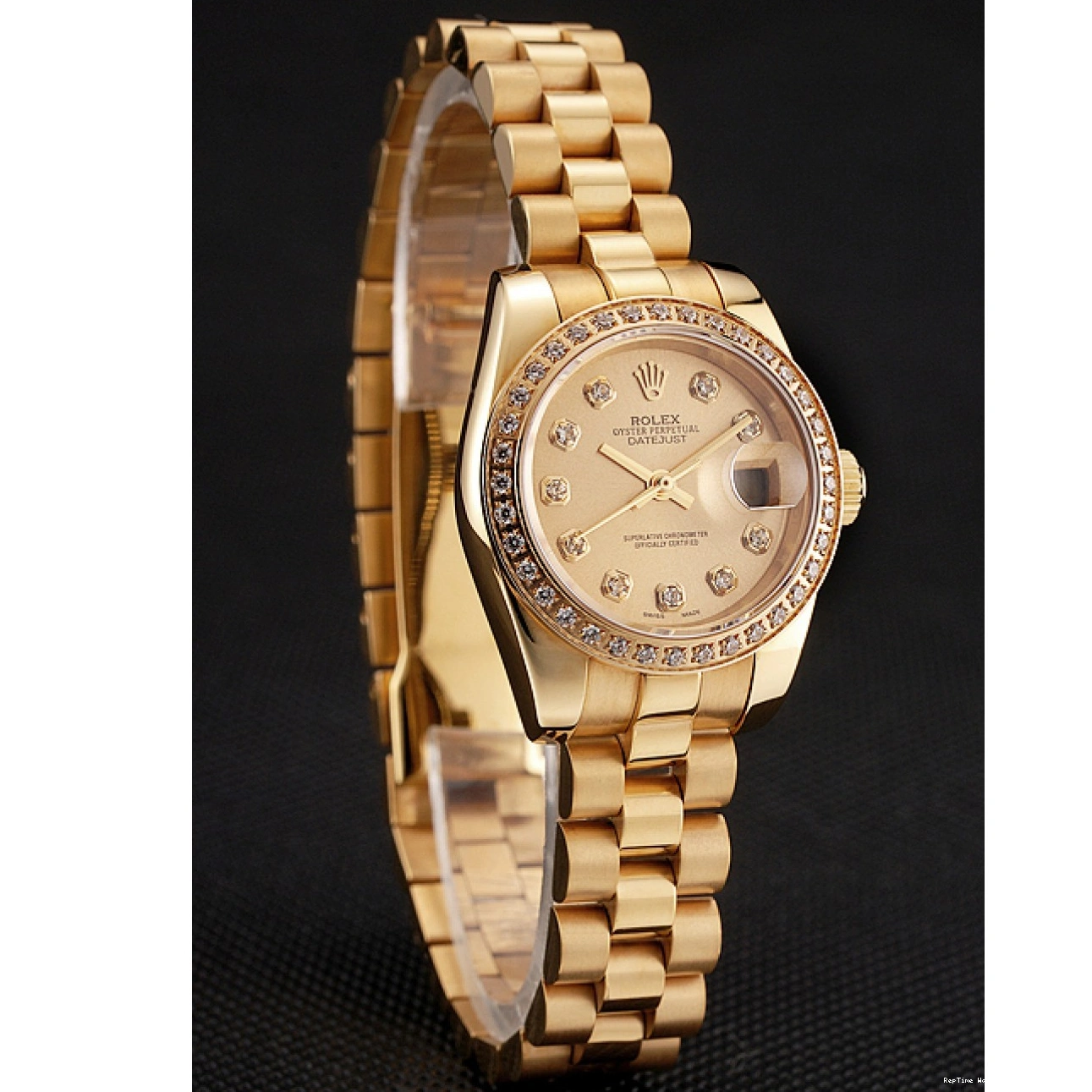 RepTime Watches 0211 Swiss Rolex Lady-Datejust Champagne Dial Diamond Bezel Gold Bracelet 1454095