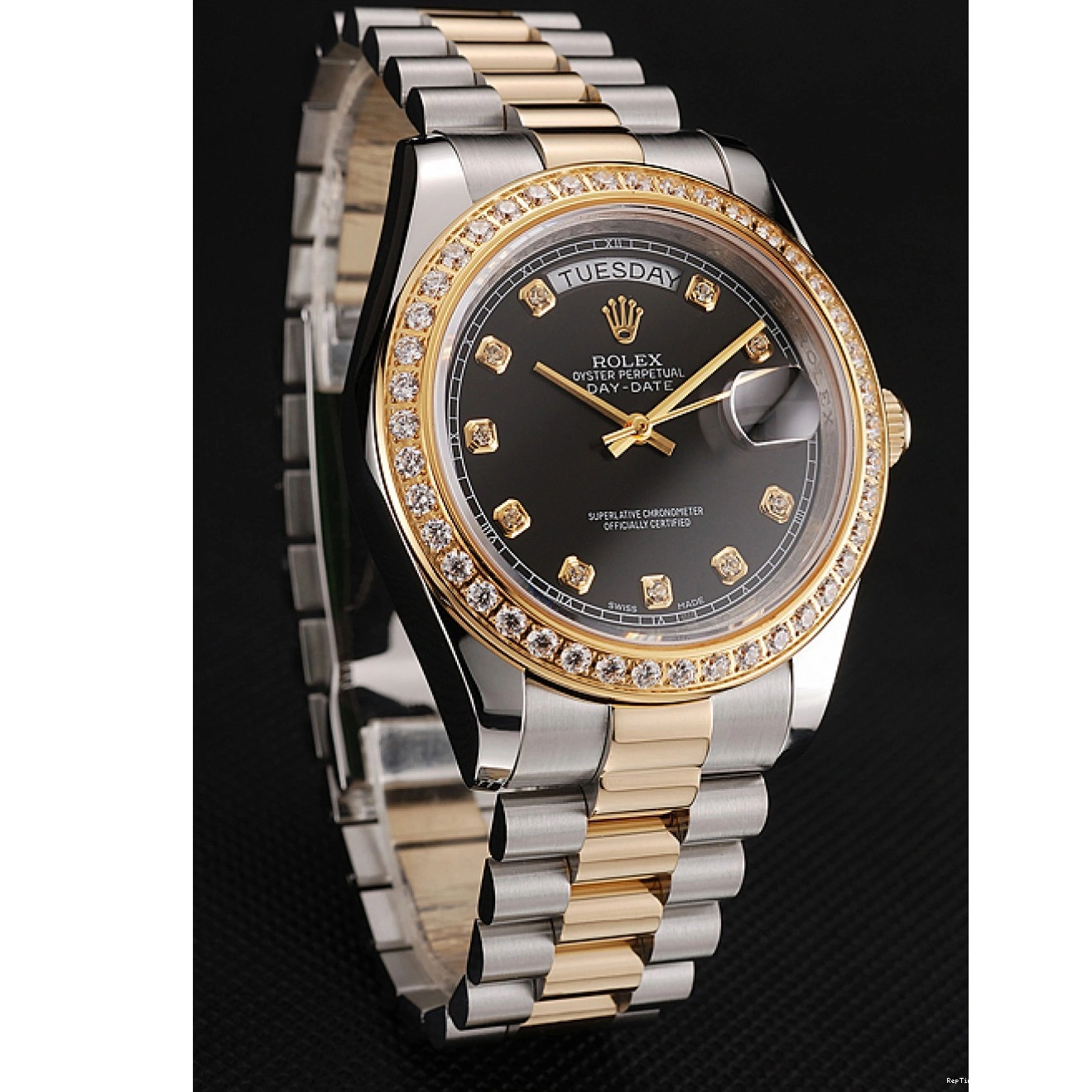 RepTime Watches 0211 Swiss Rolex Day-Date Black Dial Gold Diamond Case Two Tone Stainless Steel Bracelet 1453975