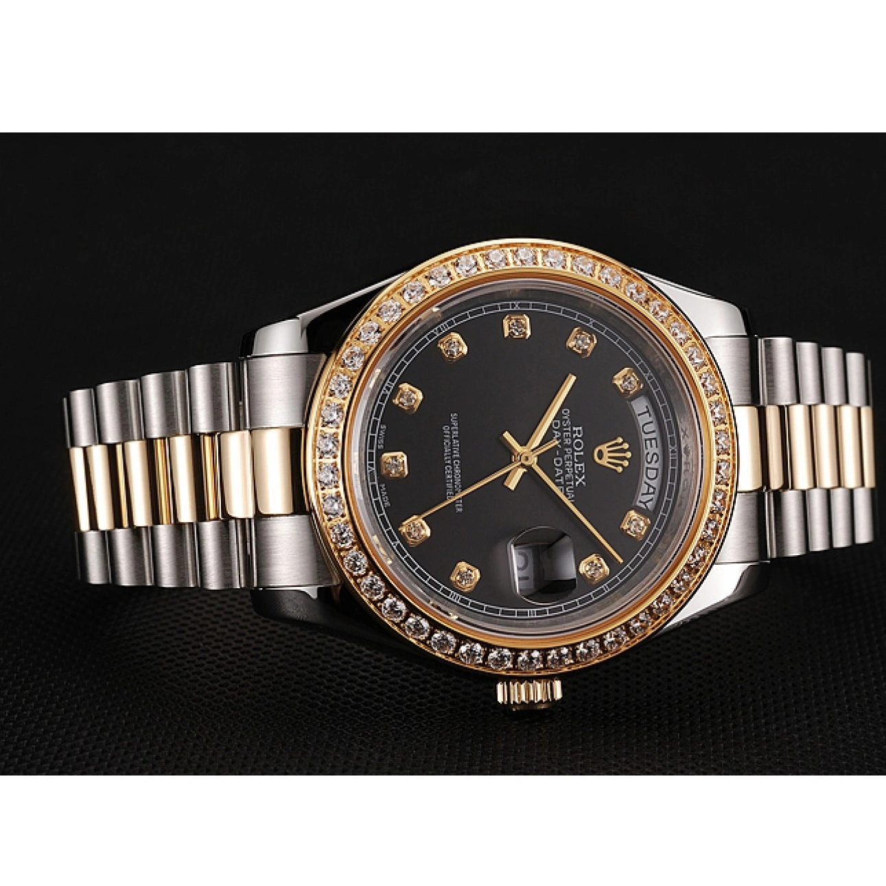 RepTime Watches 0211 Swiss Rolex Day-Date Black Dial Gold Diamond Case Two Tone Stainless Steel Bracelet 1453975