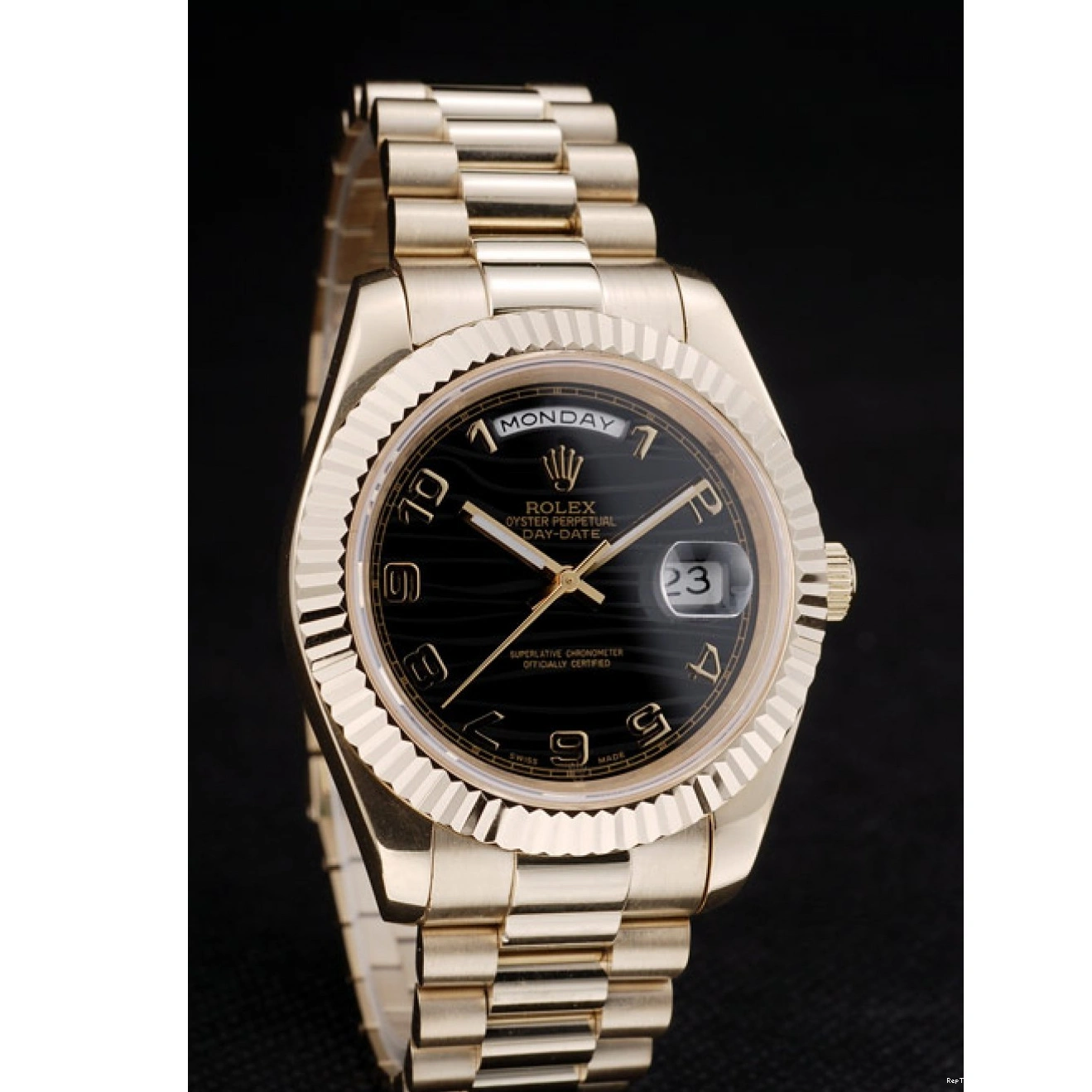 RepTime Watches 0212 Rolex DayDate Black Patterned Dial Gold Stainless Steel Strap 41980