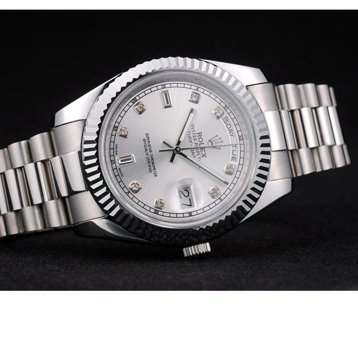 RepTime Watches 0215 Rolex Swiss DayDate Stainless Steel Ribbed Bezel Silver Dial 41995