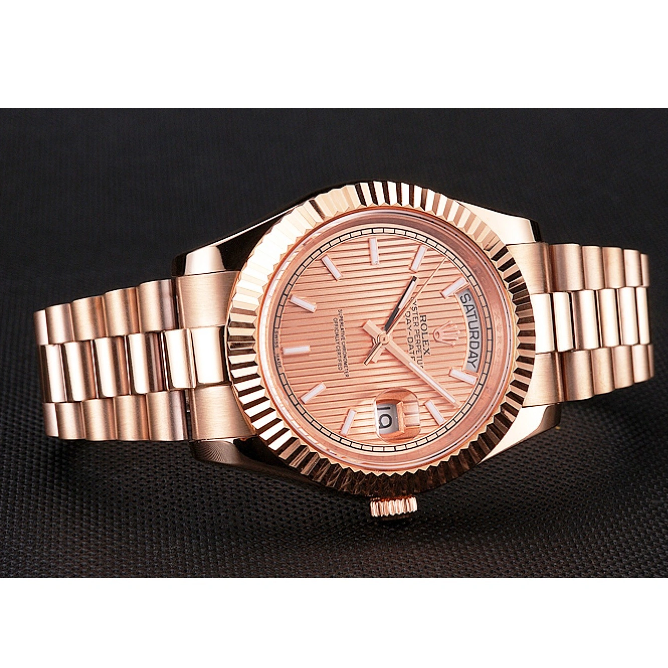 RepTime Watches 0213 Swiss Rolex Day Date 40 Rose Gold Etched Dial Rose Gold Case And Bracelet