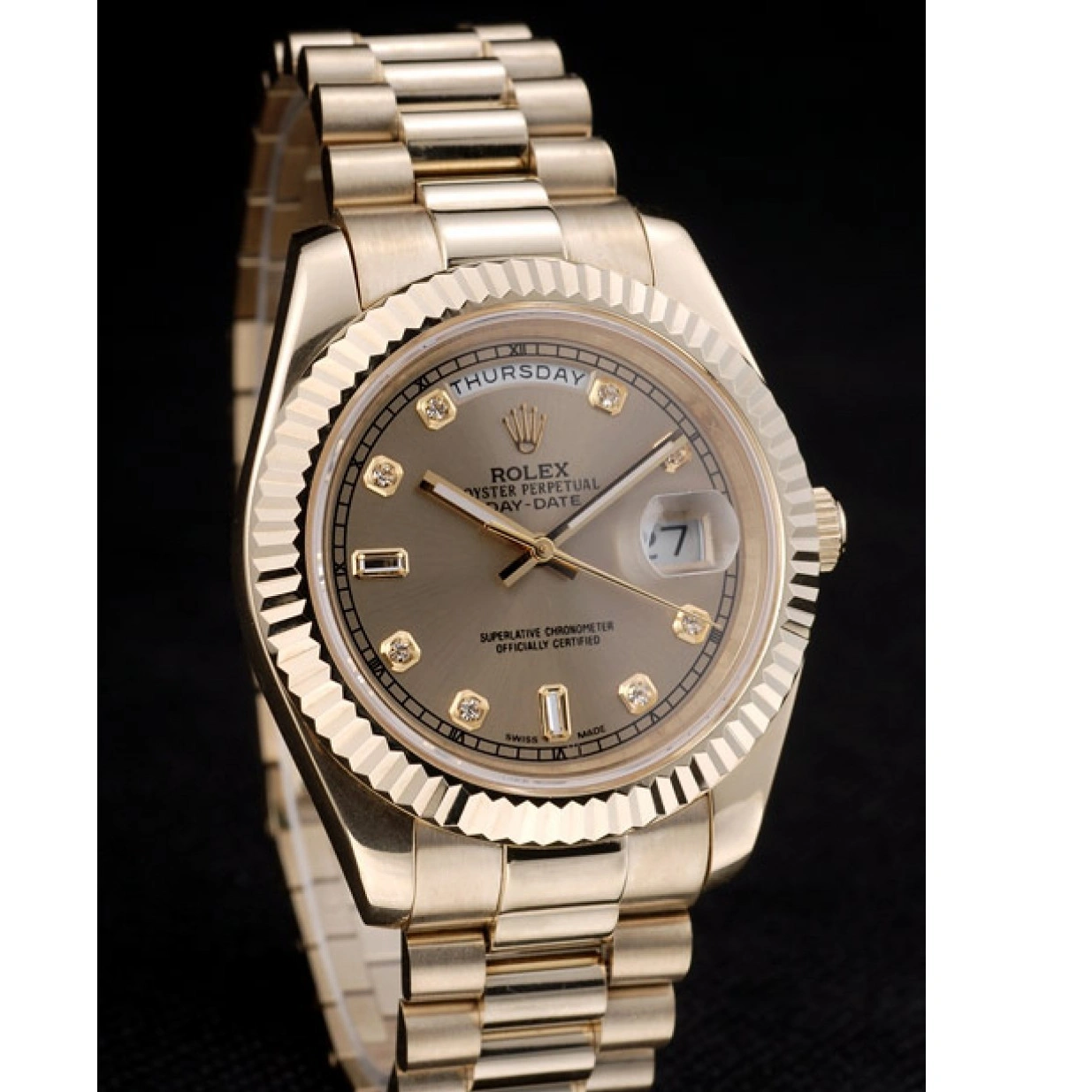 RepTime Watches 0220 Rolex DayDate Gold Stainless Steel Ribbed Bezel Goldish Dial 41979