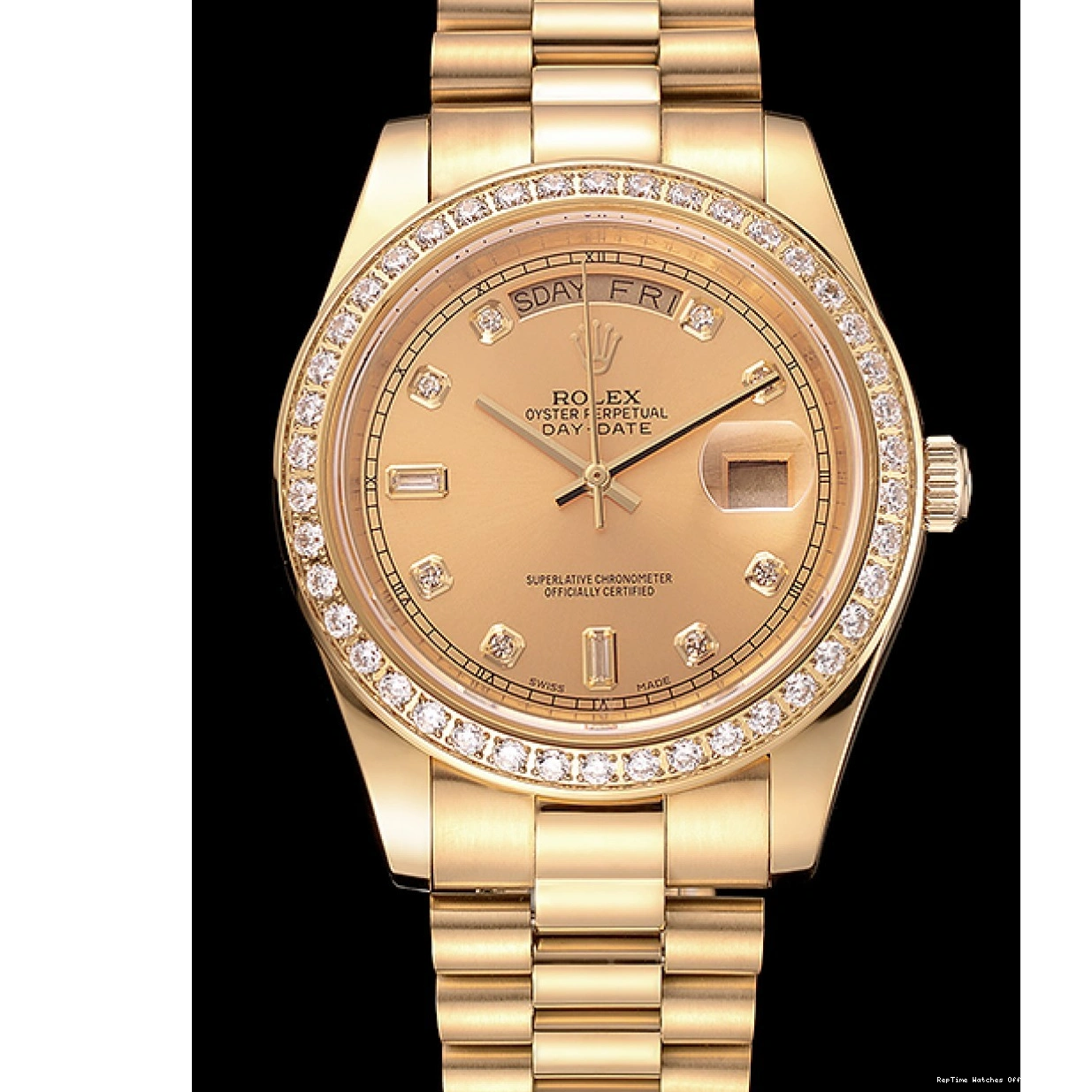 RepTime Watches 0219 Swiss Rolex Day-Date Champagne Dial Diamond Bezel Gold Bracelet 1454099