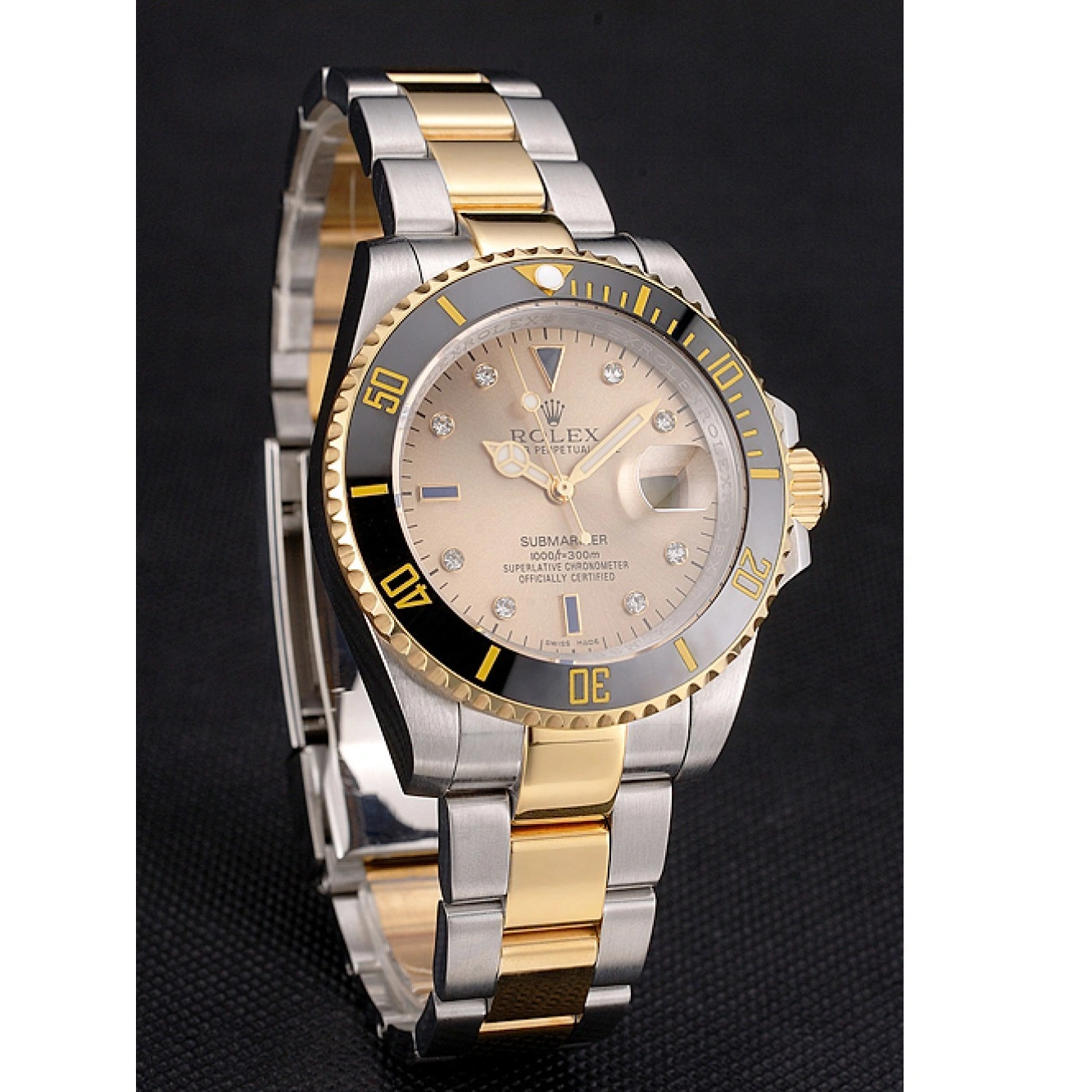 RepTime Watches 0215 Swiss Rolex Submariner Gold Dial Diamond Markings Black Bezel Two Tone Steel Gold Bracelet