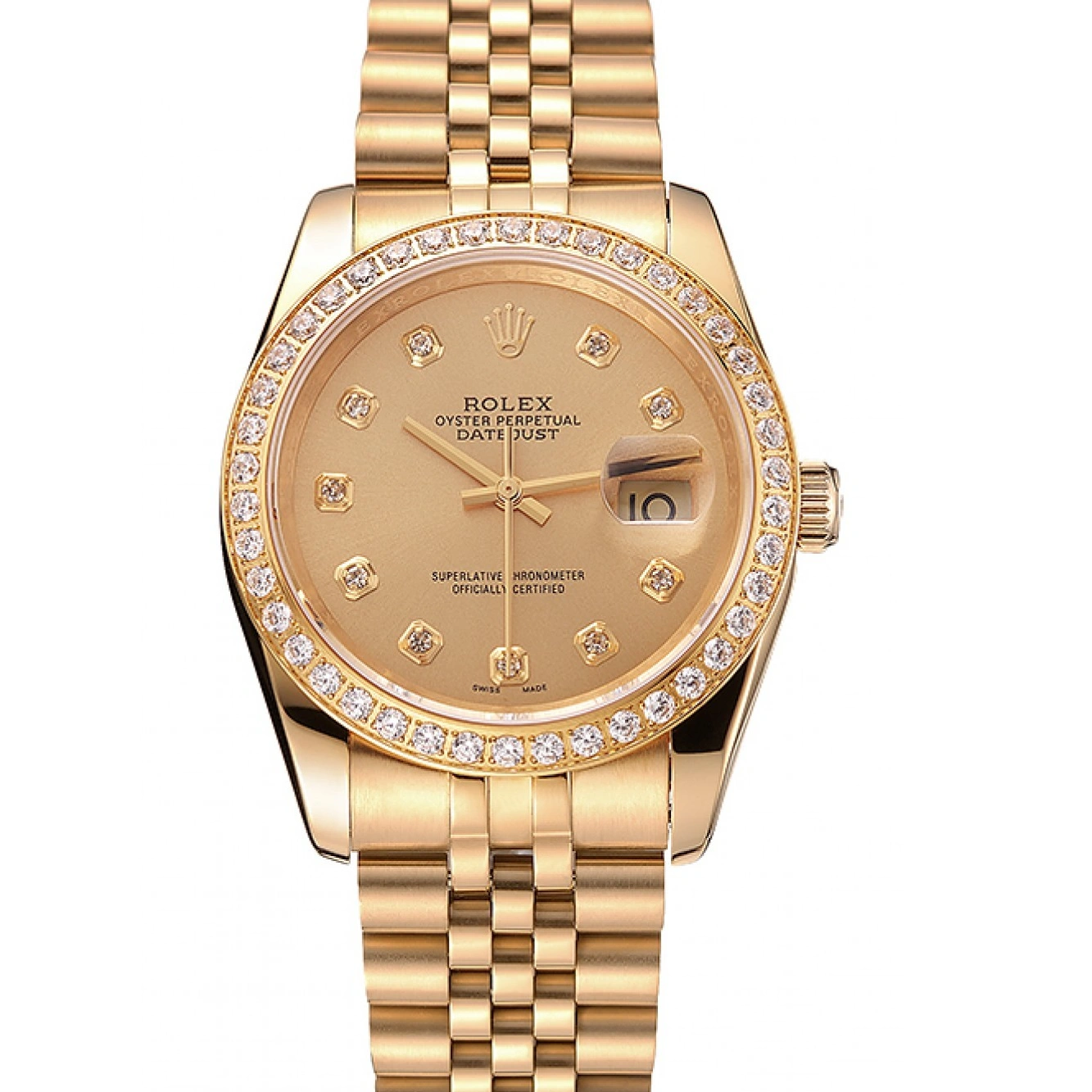 RepTime Watches 0226 Swiss Rolex Datejust Champagne Dial Diamond Bezel Gold Jubilee Bracelet 1454098