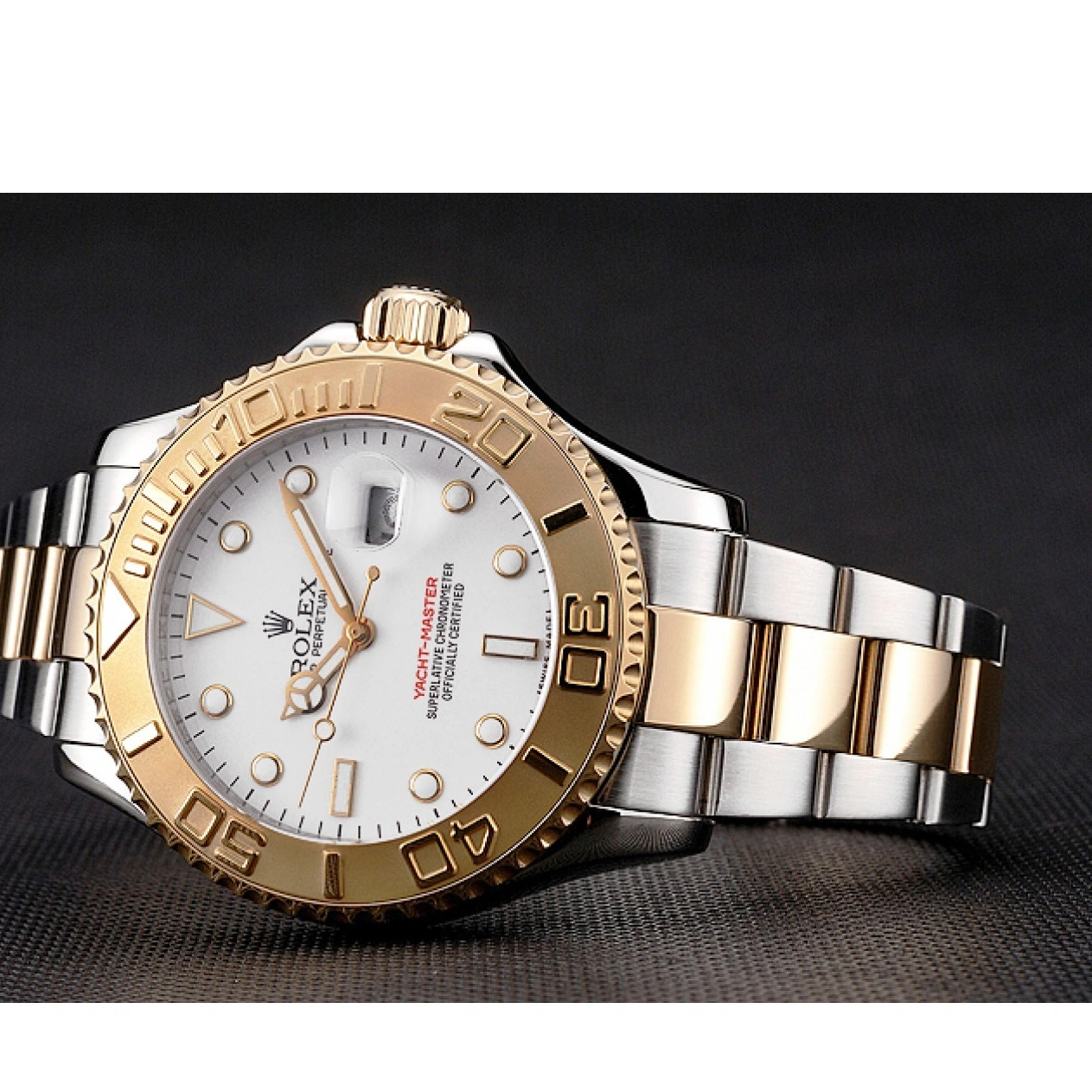 RepTime Watches 0227 Rolex Yacht-Master White Dial Gold Bezel Stainless Steel Case Two Tone Bracelet