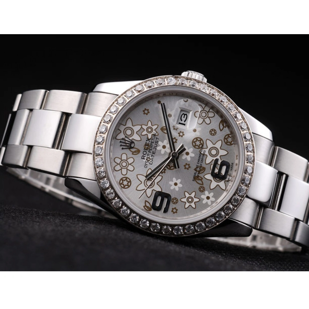 RepTime Watches 0227 Rolex Datejust Stainless Steel Silver Flowers Dial Diamond Plated rl305