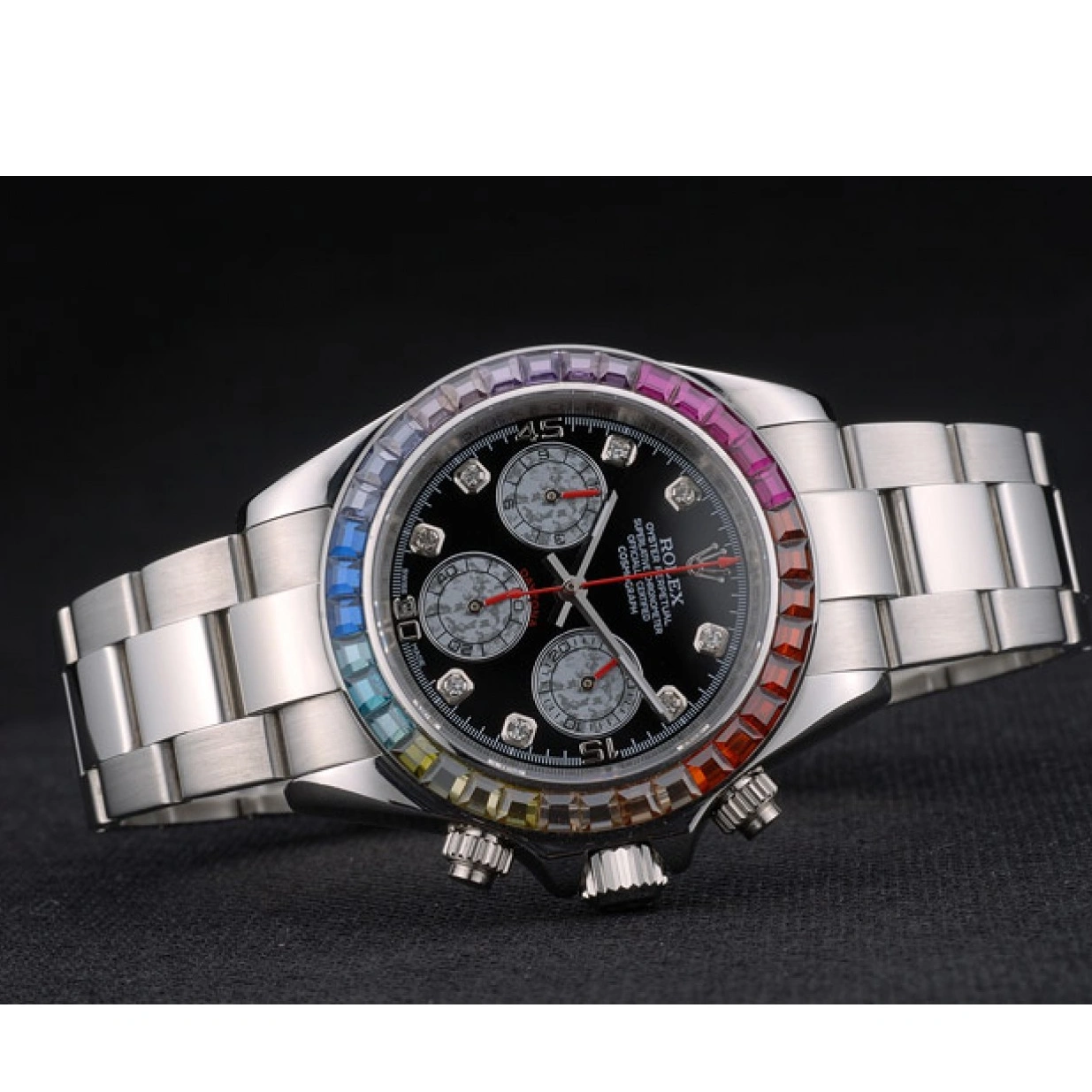 RepTime Watches 0224 Rolex Daytona Cosmograph Rainbow Crystals Bezel Stainless Steep Strap Black Dial 80250