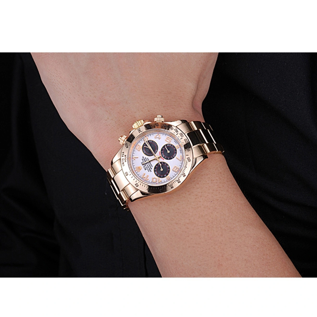 RepTime Watches 0226 Rolex Cosmograph Daytona White with Black Subdials Gold Bracelet 622548