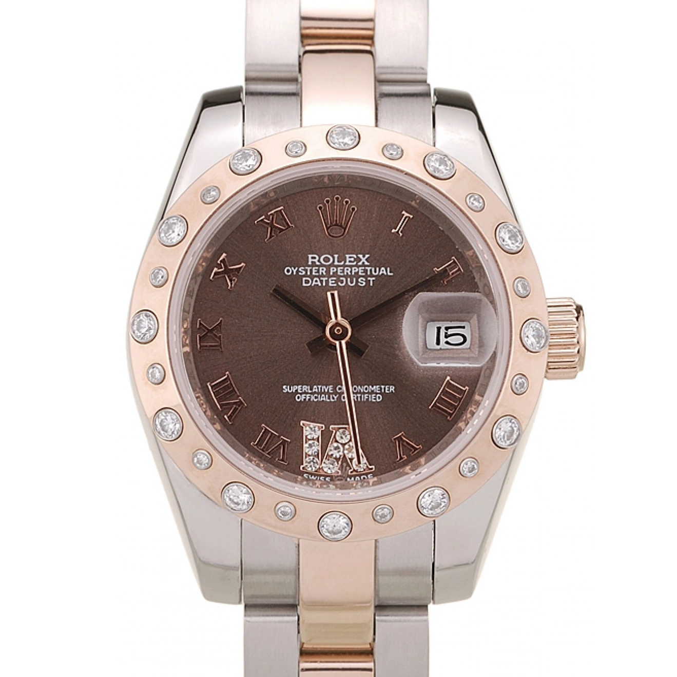 RepTime Watches 0215 Rolex DateJust Brushed Stainless Steel Case Brown Dial Diamond Plated