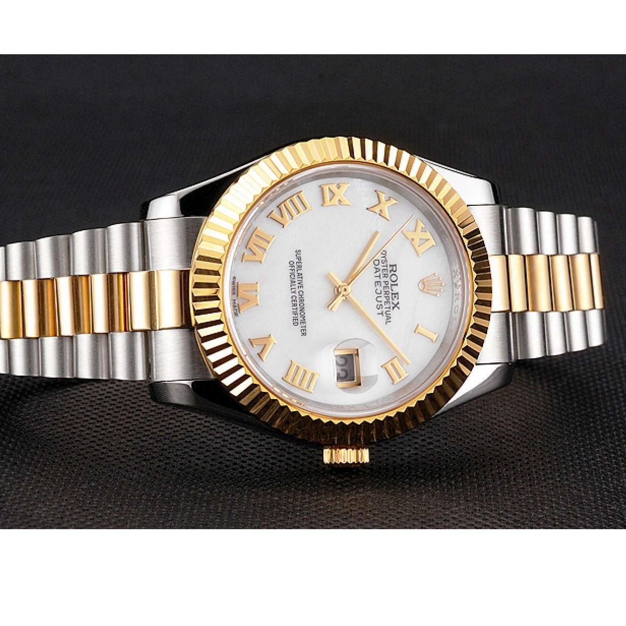 RepTime Watches 0219 Swiss Rolex Datejust White Dial Roman Numerals Gold Bezel Stainless Steel Case Two Tone Bracelet