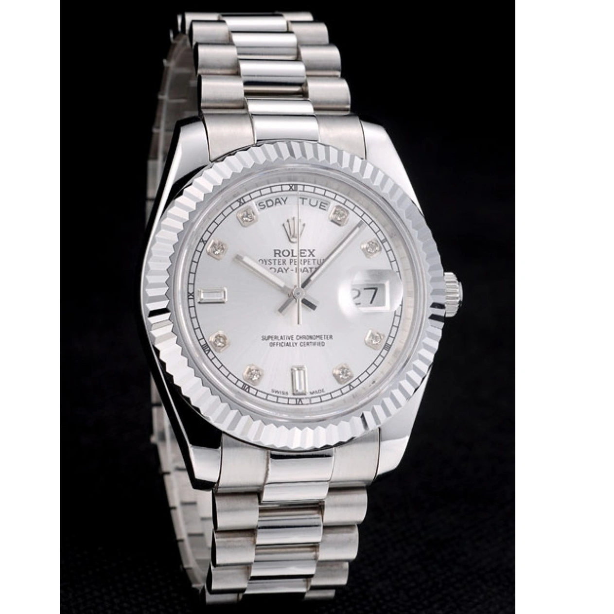 RepTime Watches 0211 Rolex Swiss DayDate Stainless Steel Ribbed Bezel Silver Dial 41995