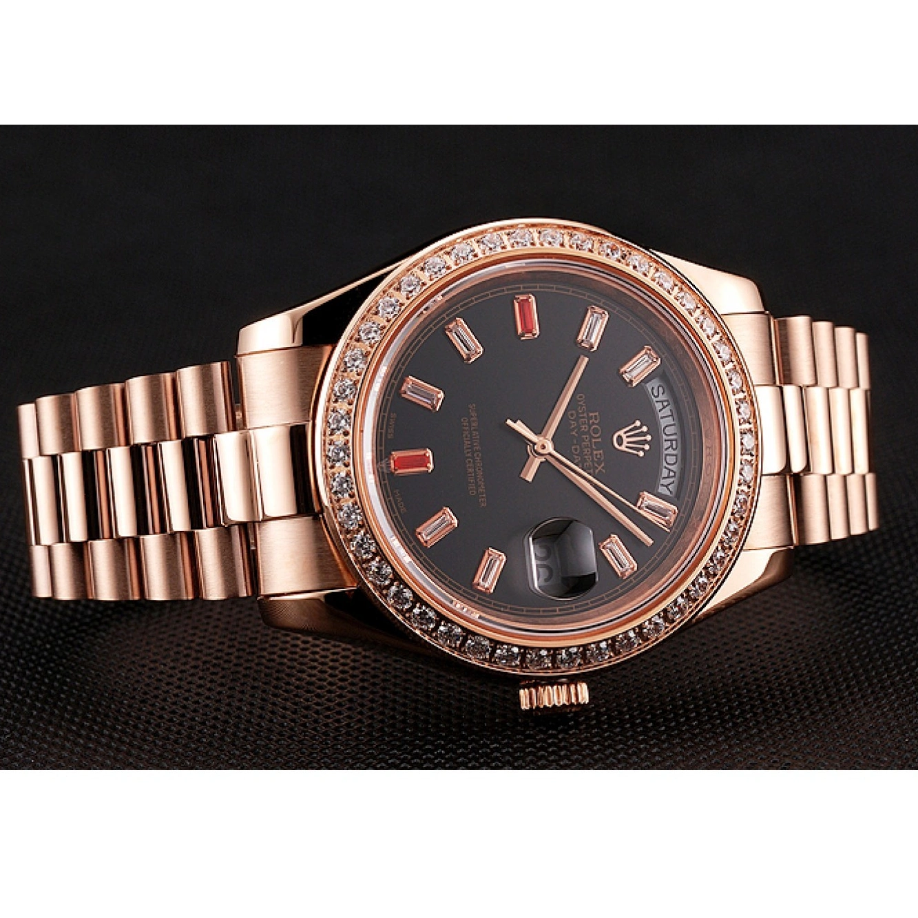 RepTime Watches 0211 Swiss Rolex Day-Date Diamonds And Rubies Black Dial Rose Gold Bracelet 1454102